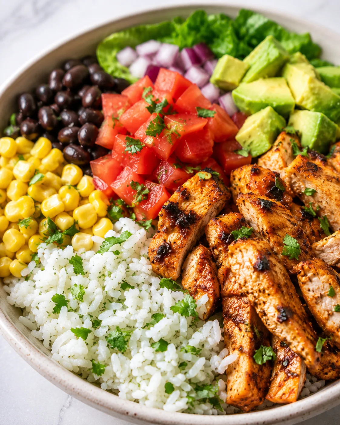 Colorful chicken burrito bowl with rice, beans, tomatoes, and avocado.