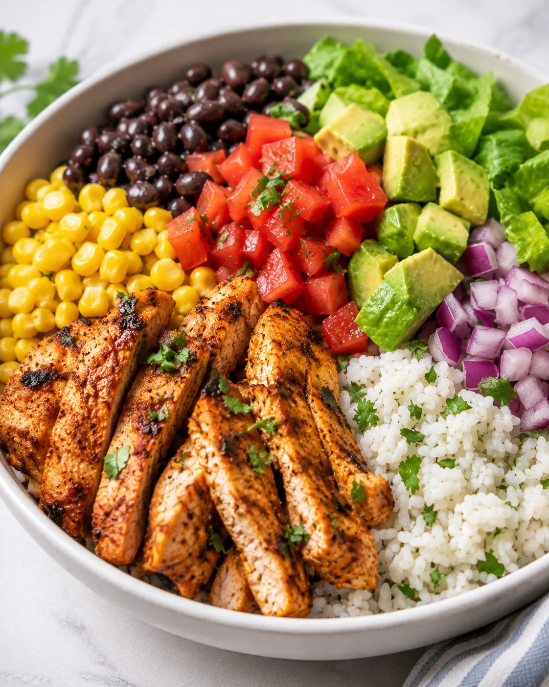 Colorful chicken burrito bowl with rice, beans, avocado, and vegetables.