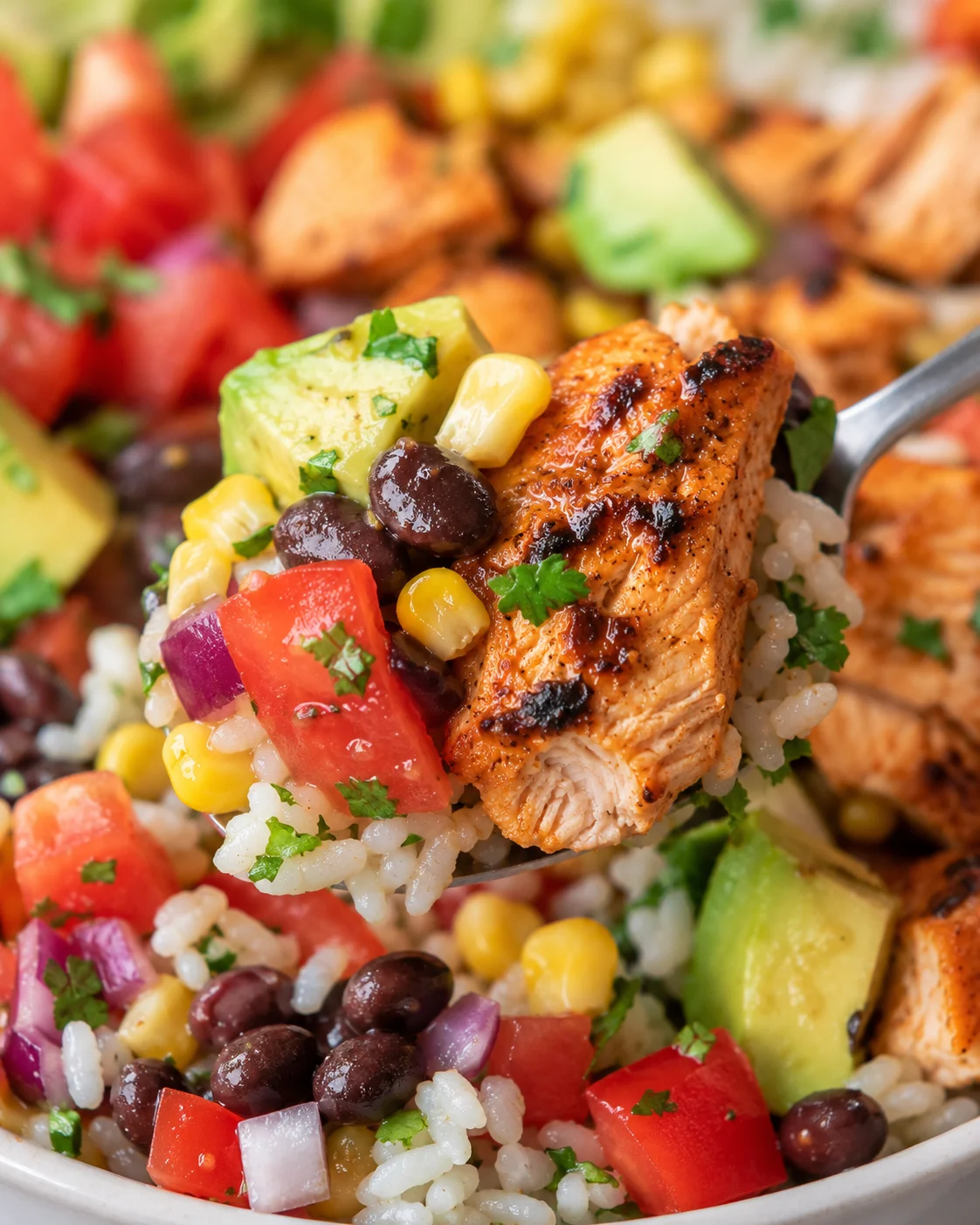 Close-up of a colorful chicken burrito bowl with rice, avocado, black beans, and tomatoes.