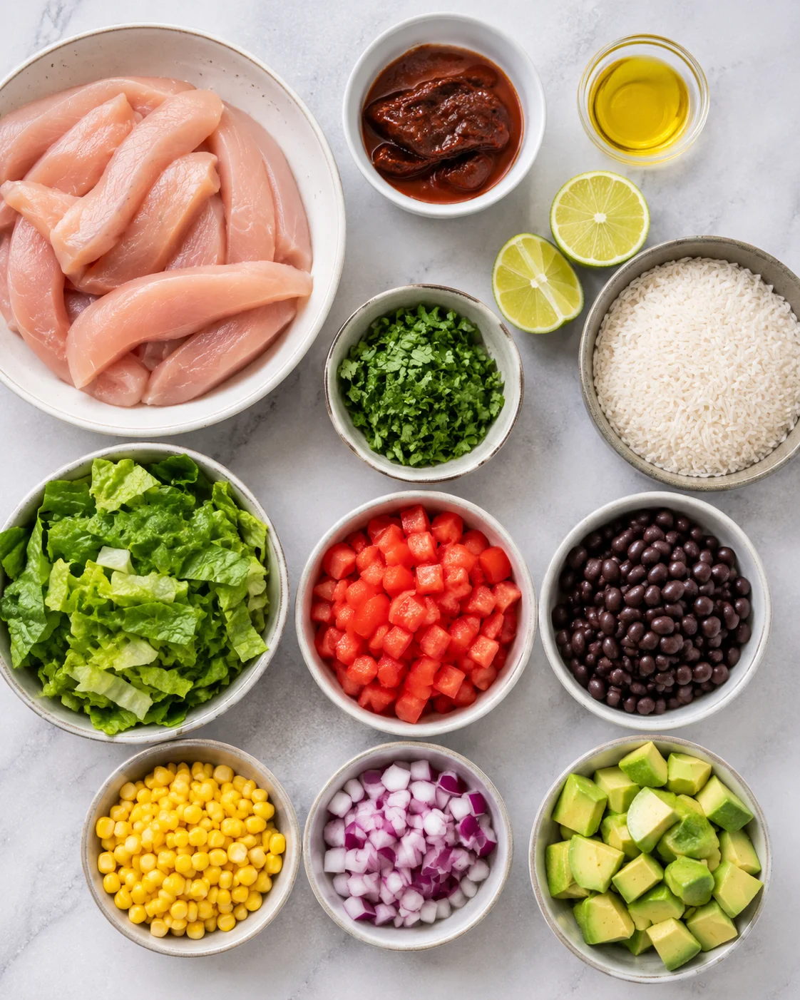 Assorted fresh ingredients for chicken burrito bowl including chicken, rice, beans, and vegetables.