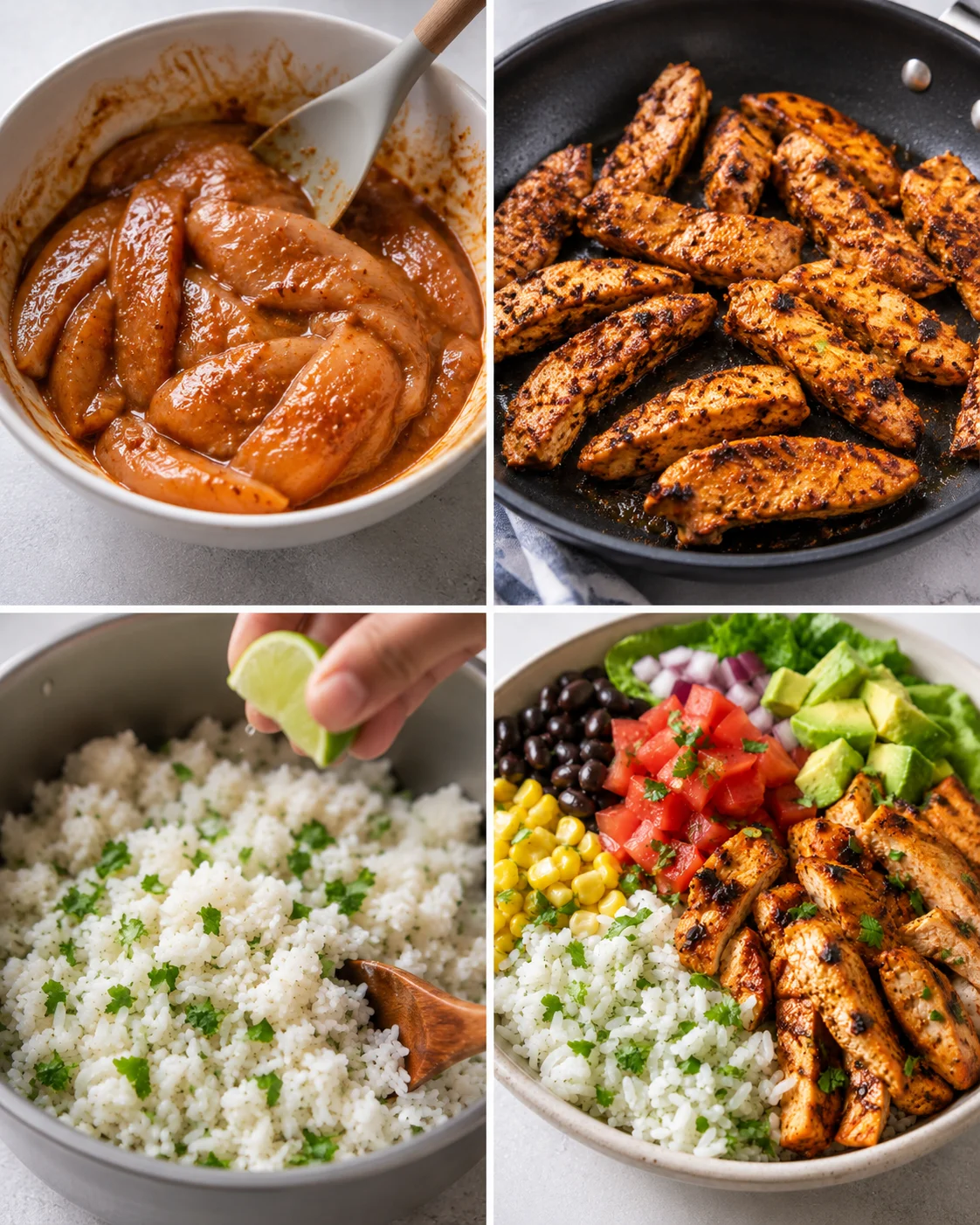 Colorful chicken burrito bowl with rice, black beans, and fresh toppings.