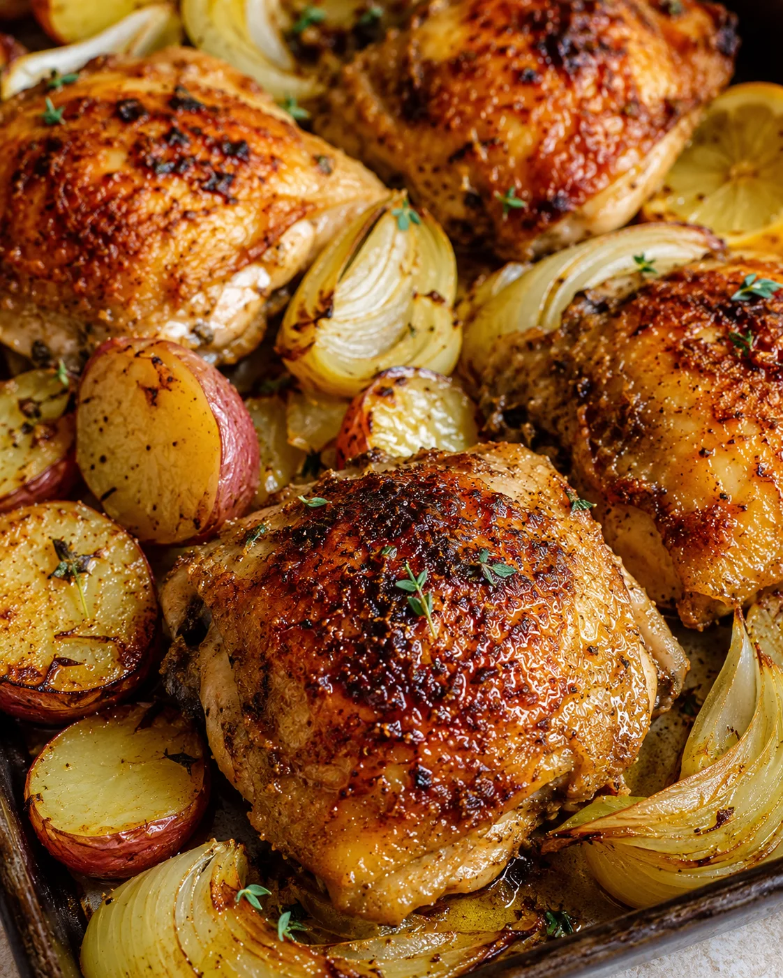 Delicious roasted chicken thighs with crispy skin and golden potatoes in a skillet