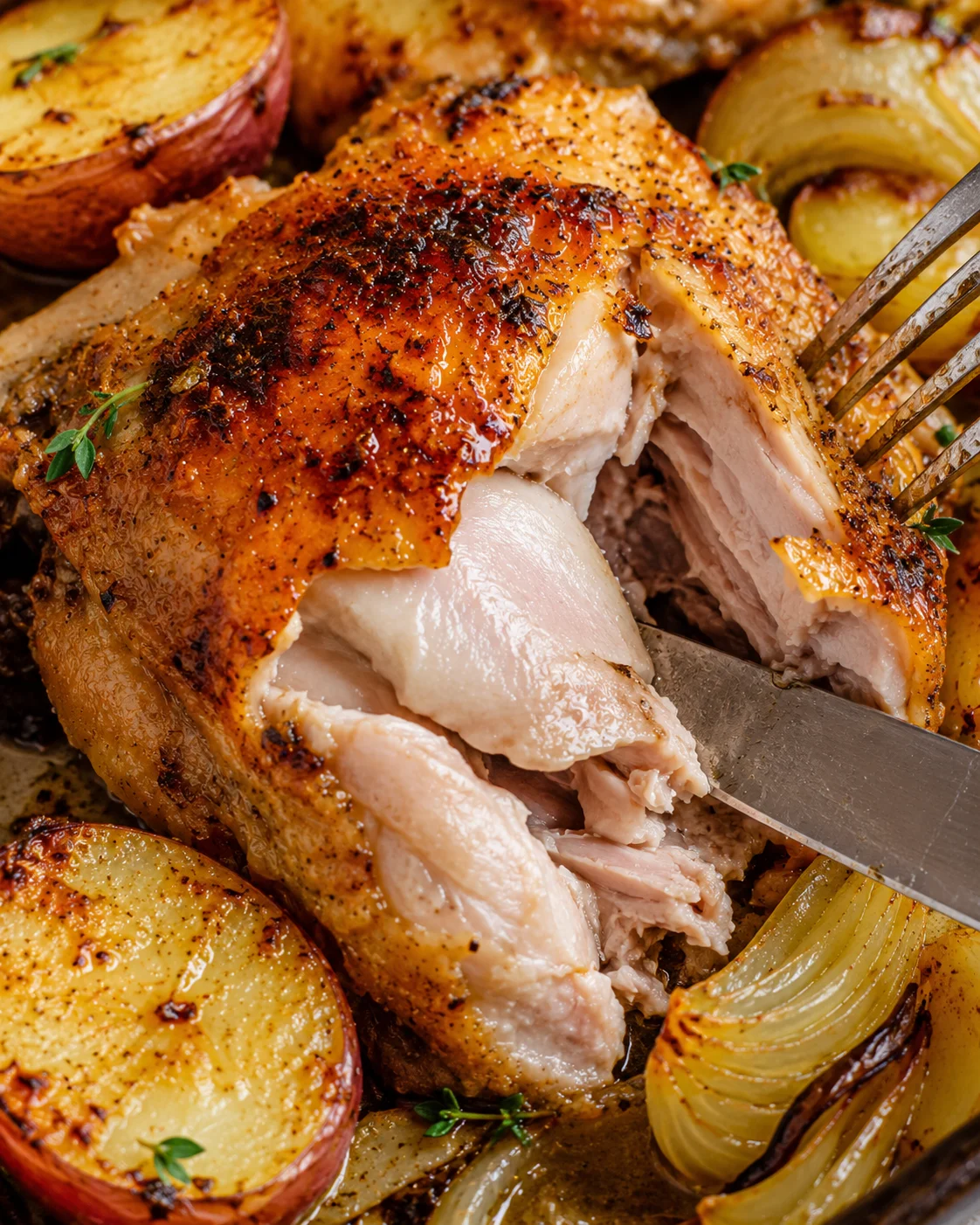 Juicy roasted chicken thighs with crispy skin and golden potatoes on a baking sheet
