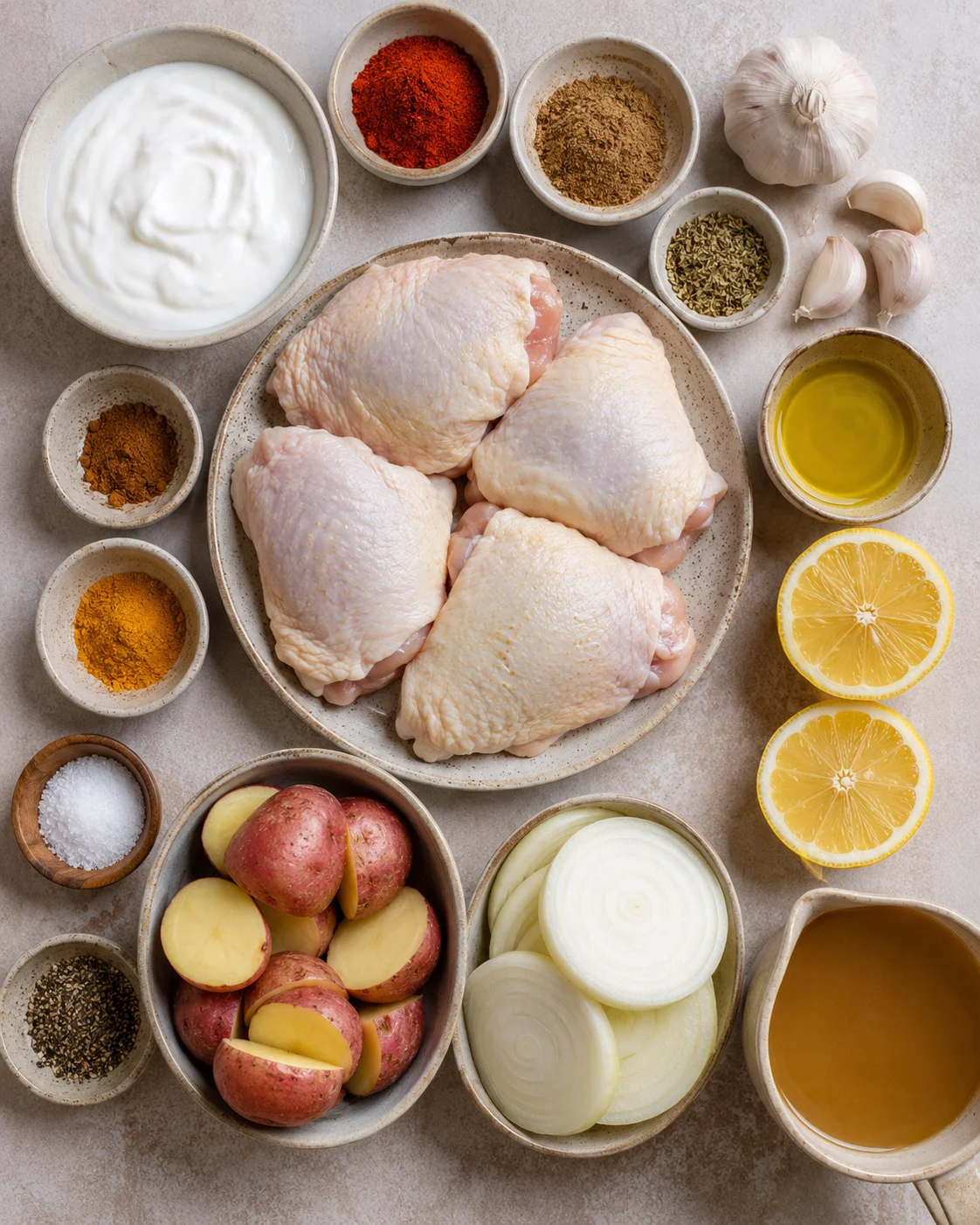 Raw chicken thighs, potatoes, garlic, and spices arranged on a neutral background.