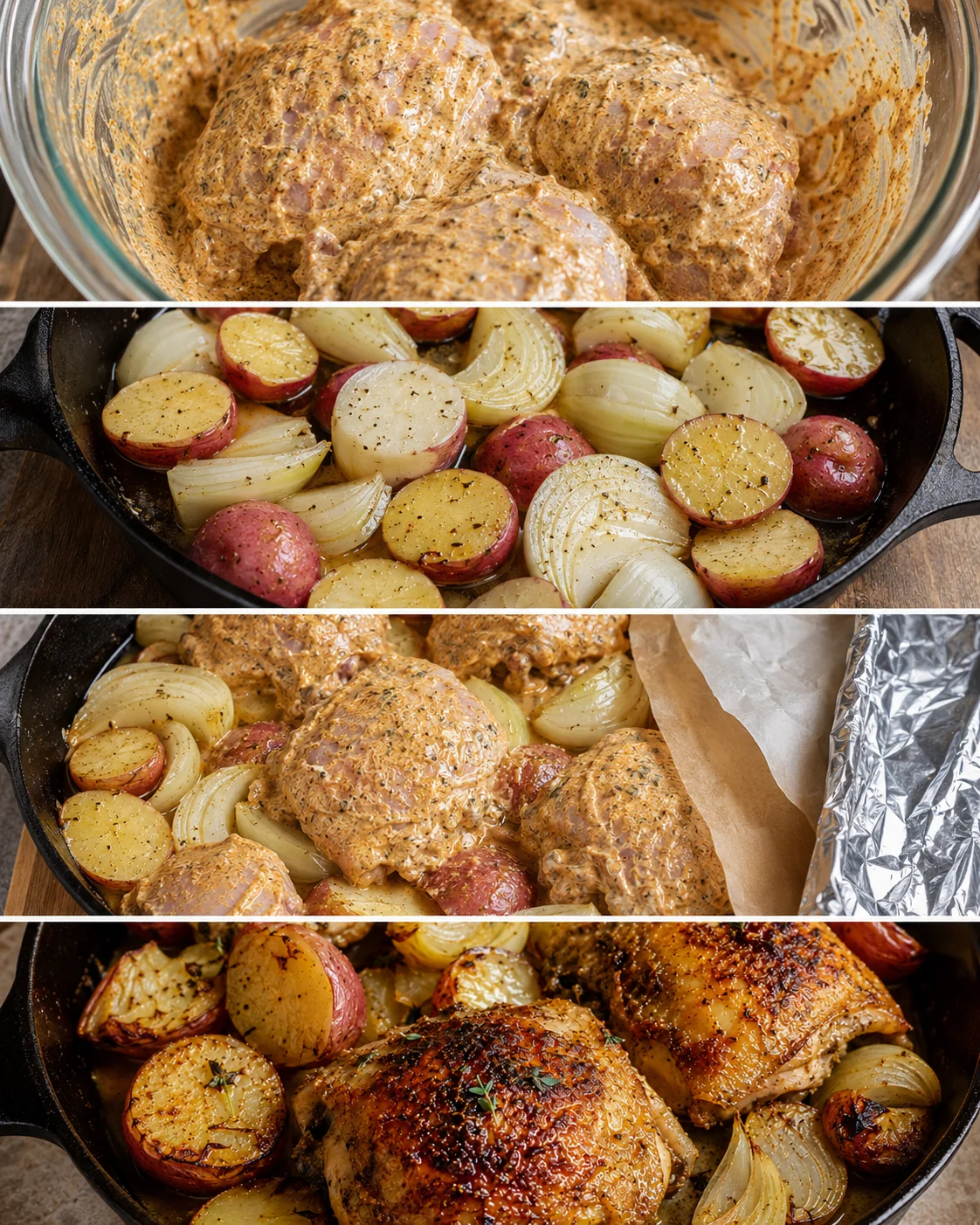 Juicy chicken thighs with roasted potatoes and caramelized onions in a skillet