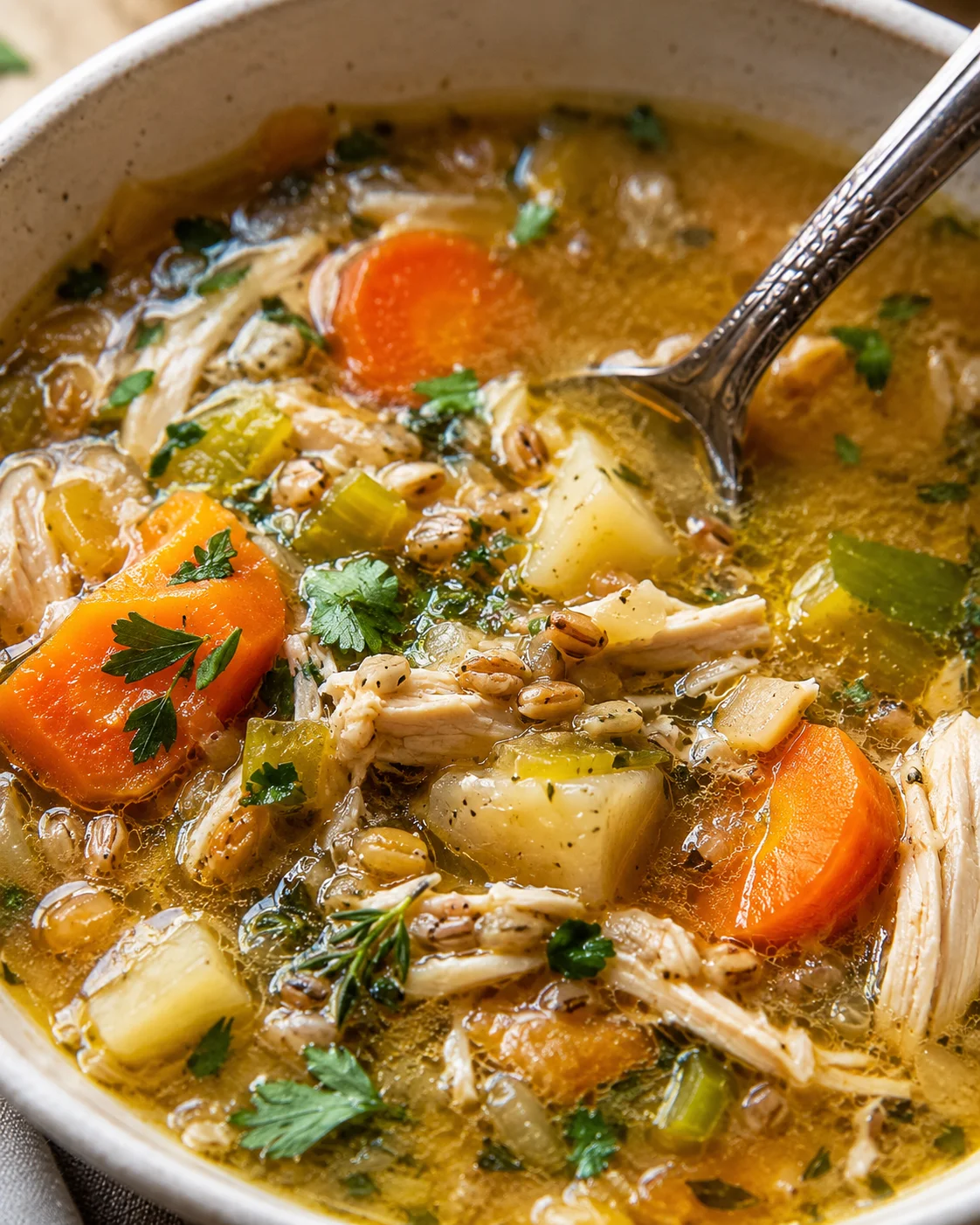 Comforting bowl of chicken soup with vegetables, herbs, and noodles in a cozy setting