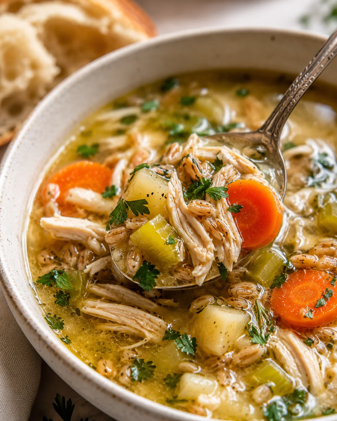 A comforting bowl of homemade chicken soup with vegetables and herbs, served with bread