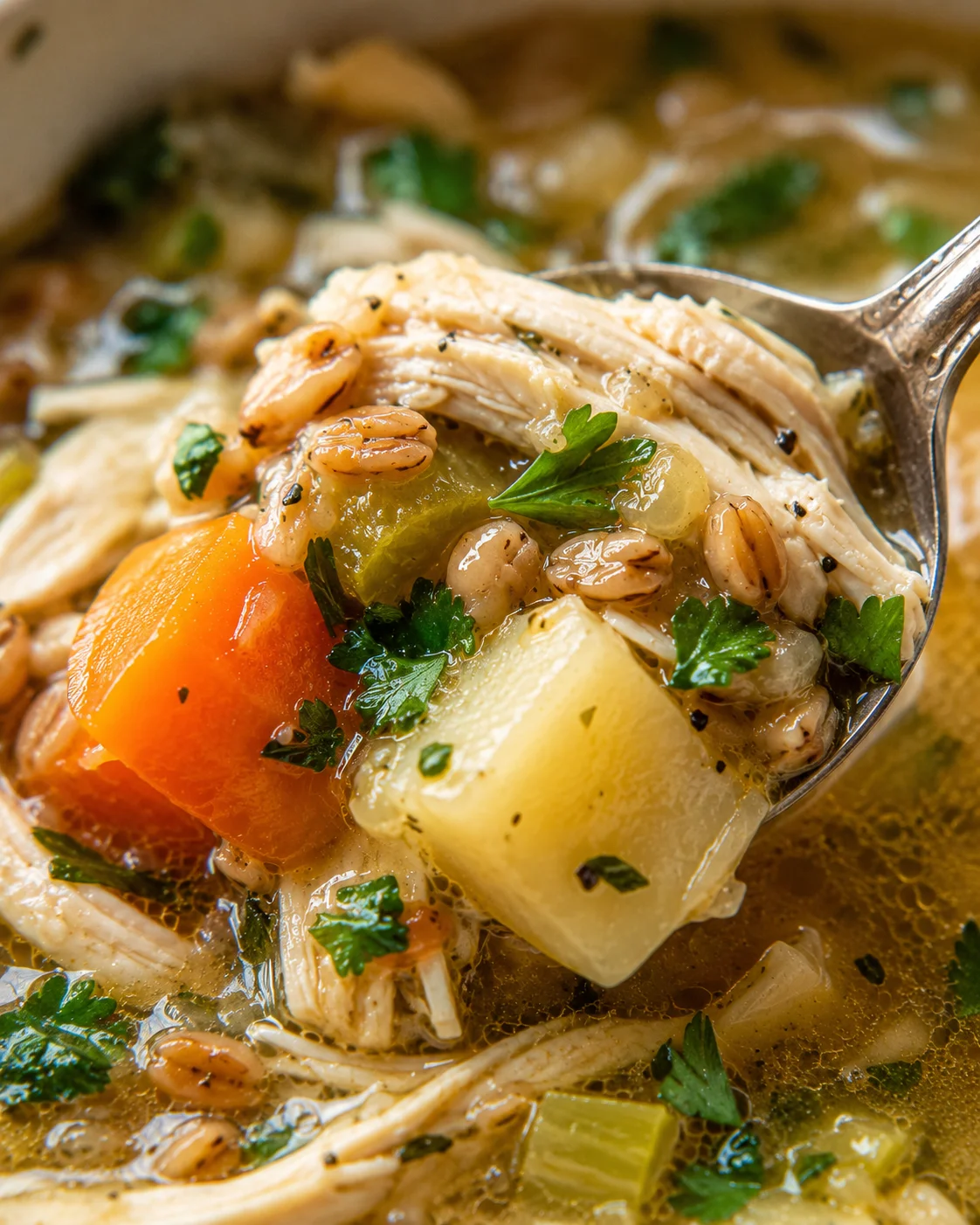 A spoonful of homemade chicken soup with vegetables and herbs in a bowl.