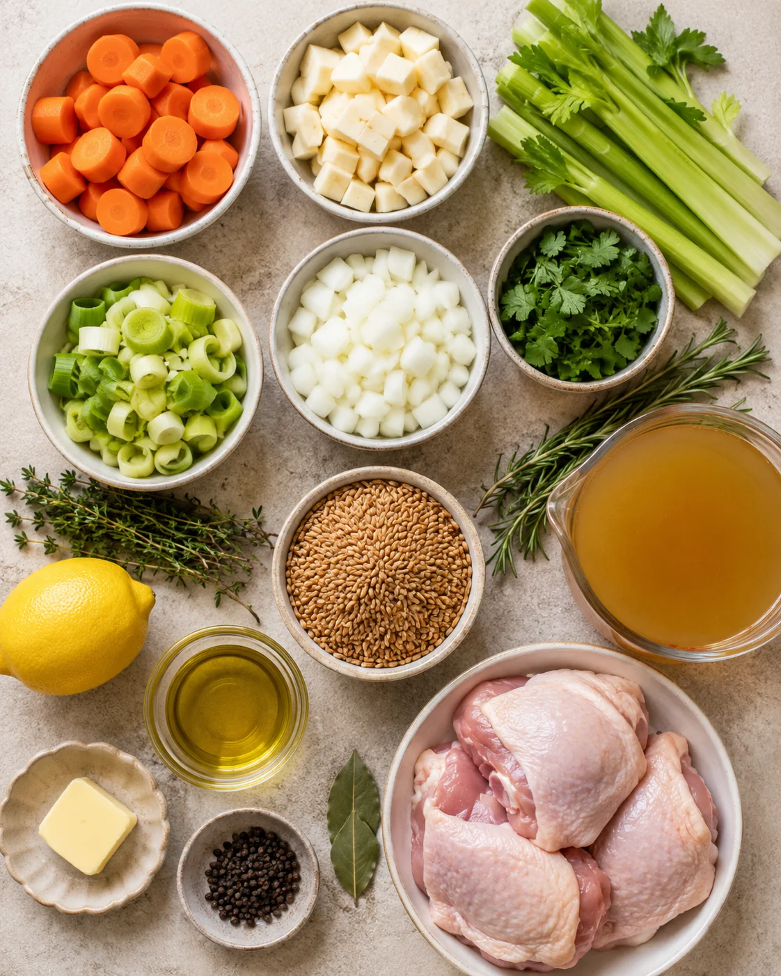 Colorful ingredients for hearty slow cooker chicken soup with vegetables and herbs.