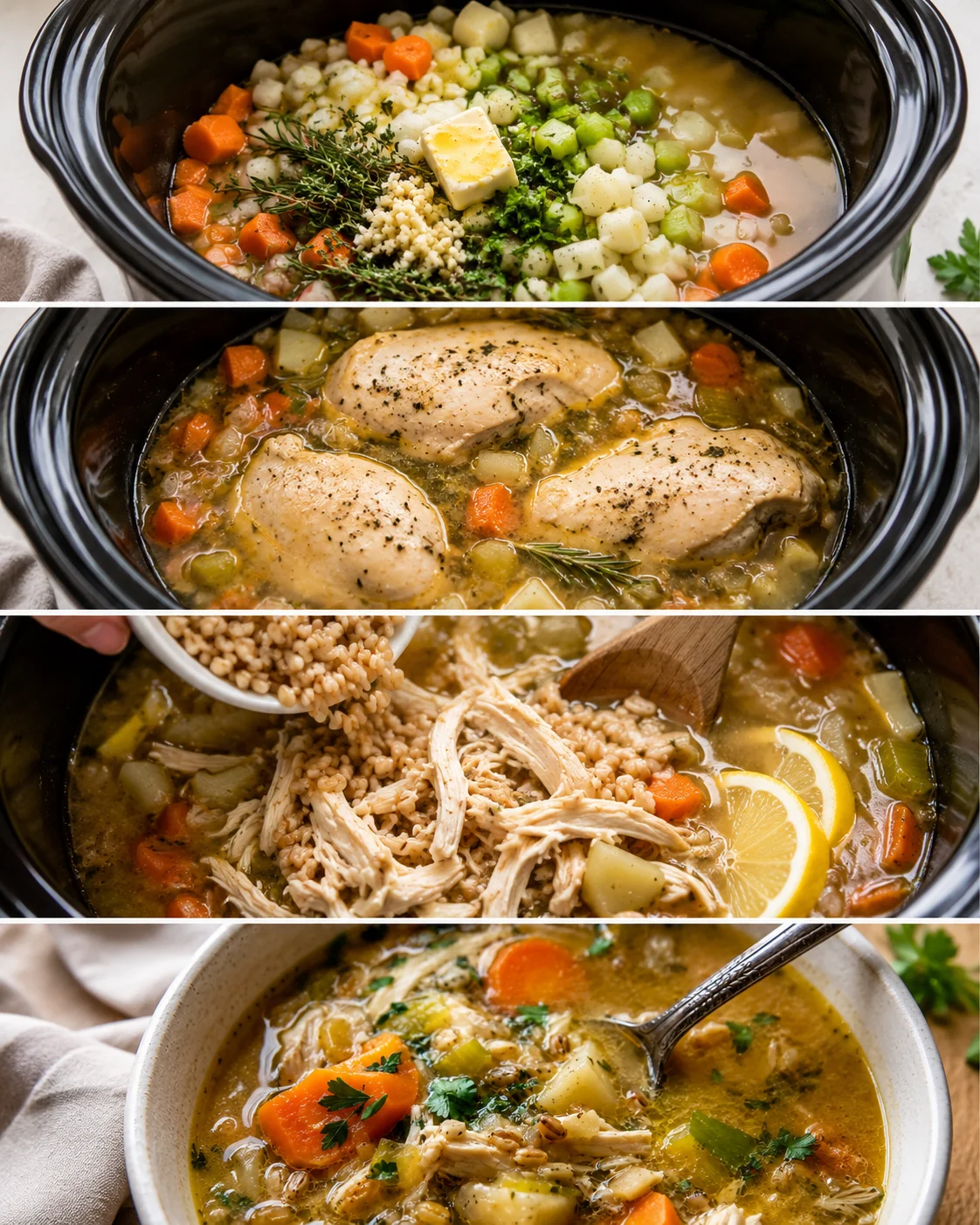 A cozy slow cooker filled with vegetables, chicken, and herbs for a comforting soup