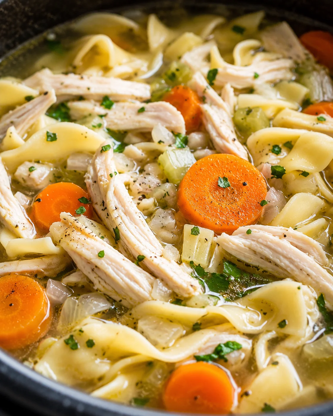 Hearty crockpot chicken noodle soup with vegetables and tender chicken pieces.