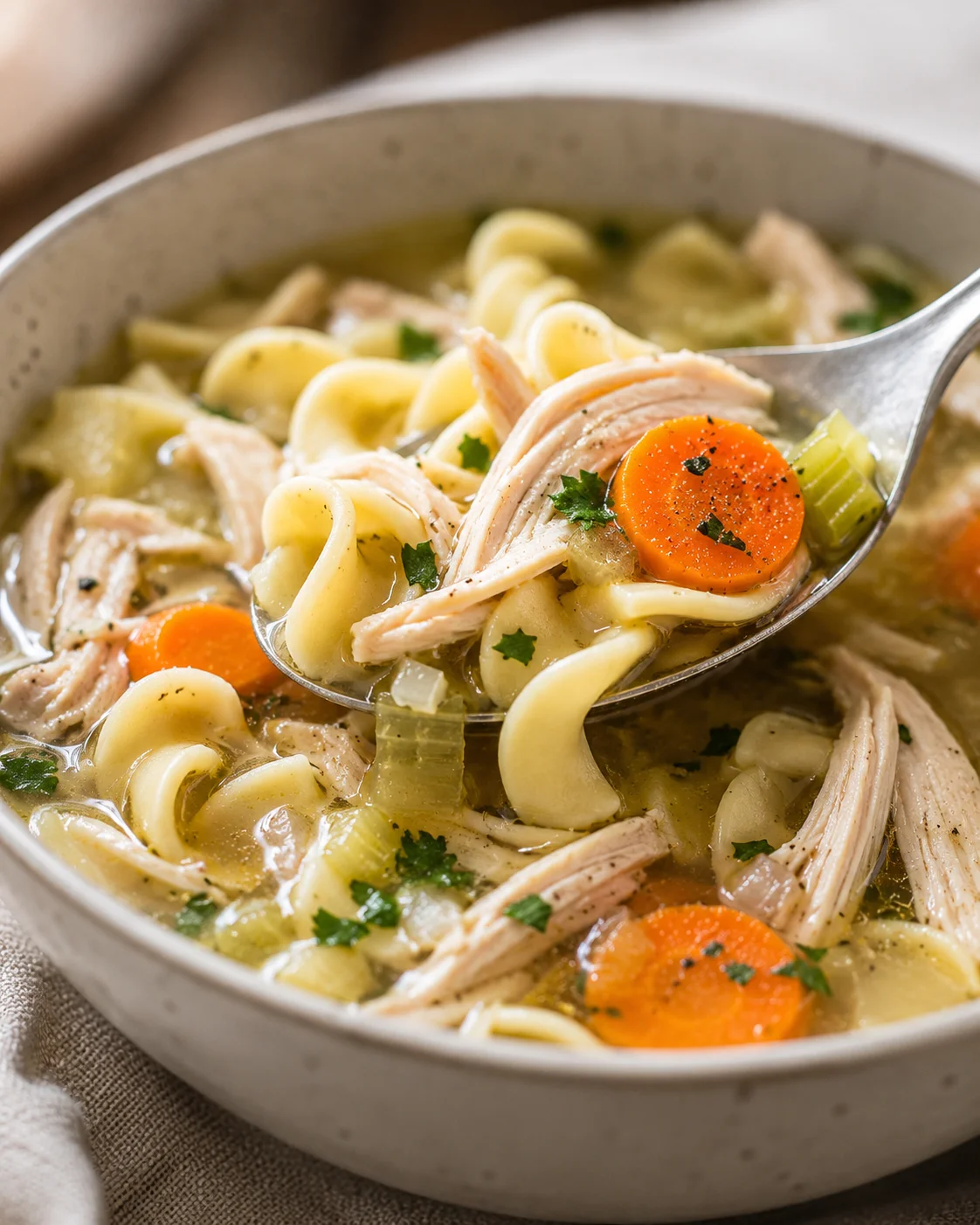 Comforting slow cooker chicken noodle soup with vegetables and tender chicken slices