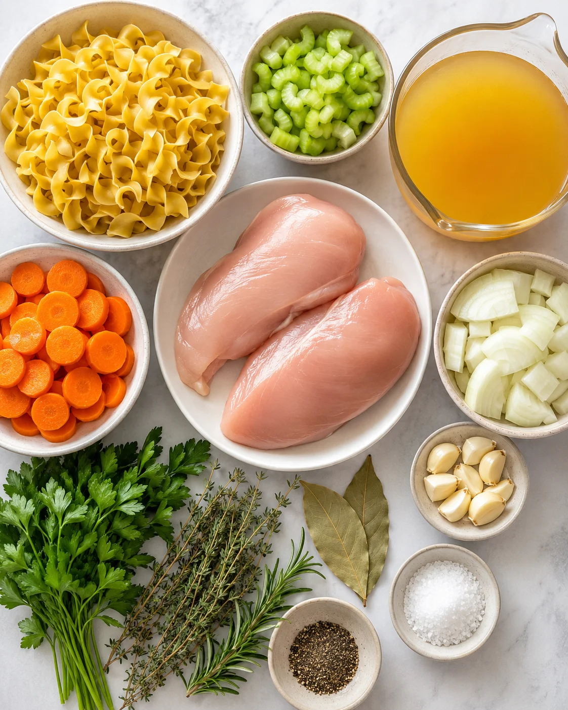 Bowls of vegetables, chicken, and pasta for chicken noodle soup