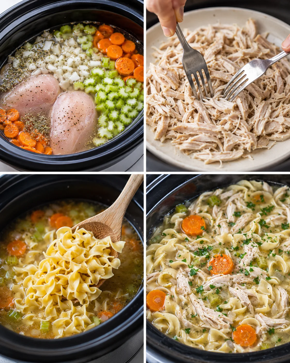 Warm and comforting crock-pot chicken noodle soup with vegetables and tender chicken