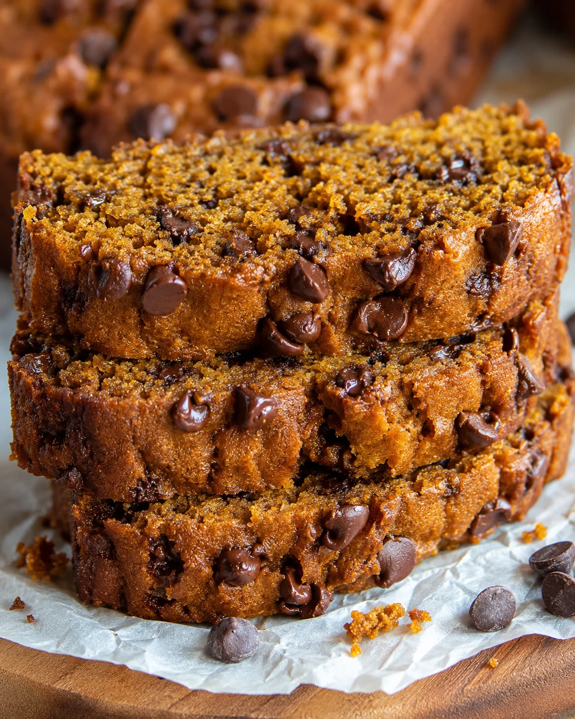 Close-up of moist pumpkin bread with chocolate chips and crumb topping