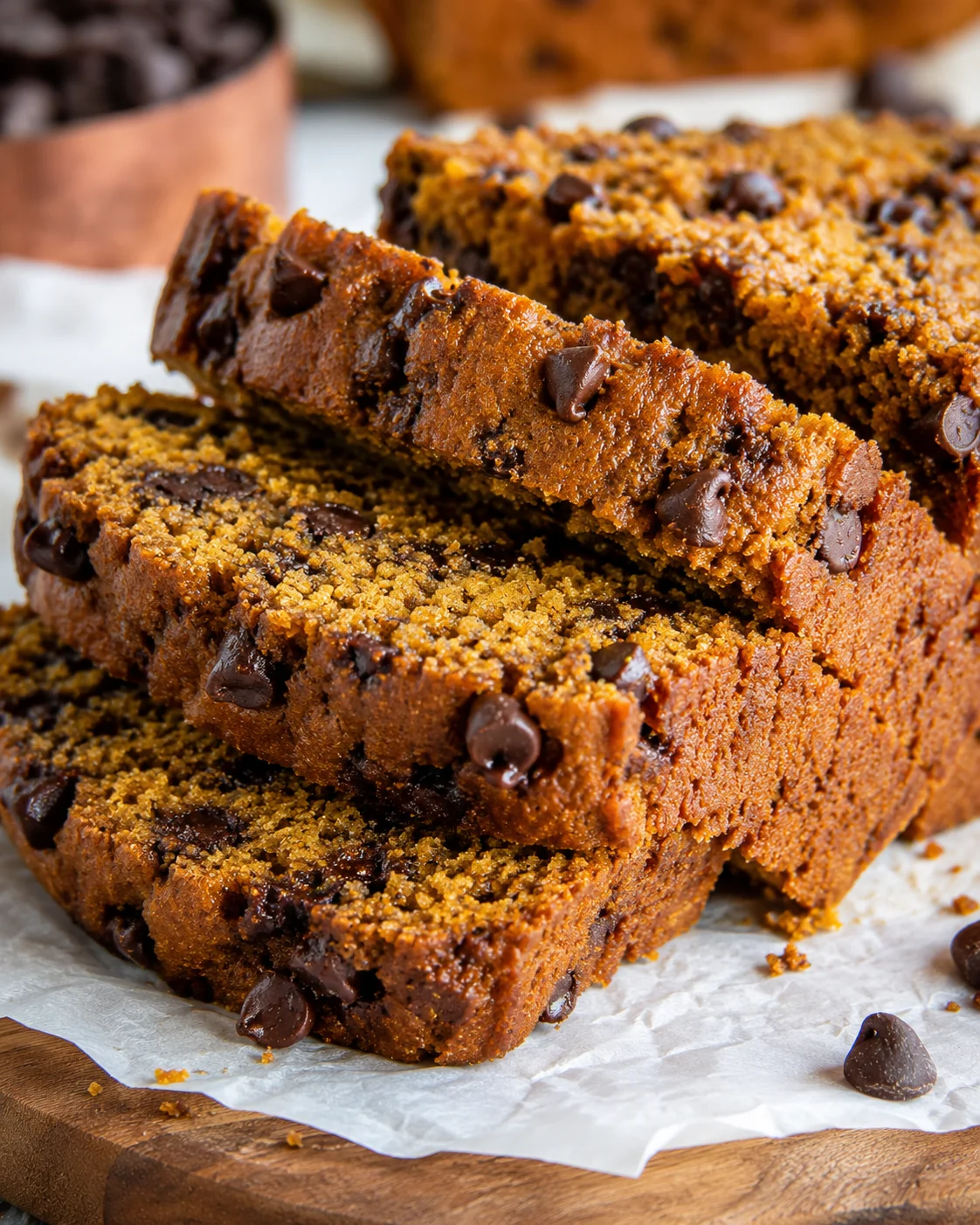 Close-up of freshly baked pumpkin bread loaded with chocolate chips