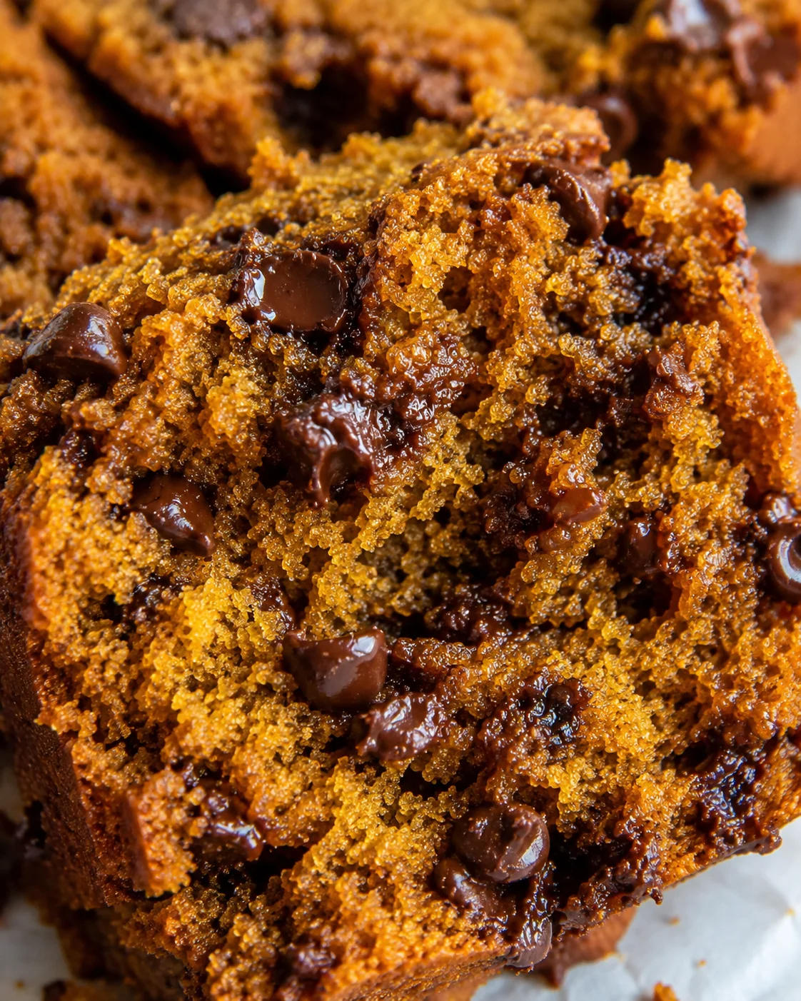 Close-up of moist pumpkin bread with melted chocolate chips on top.