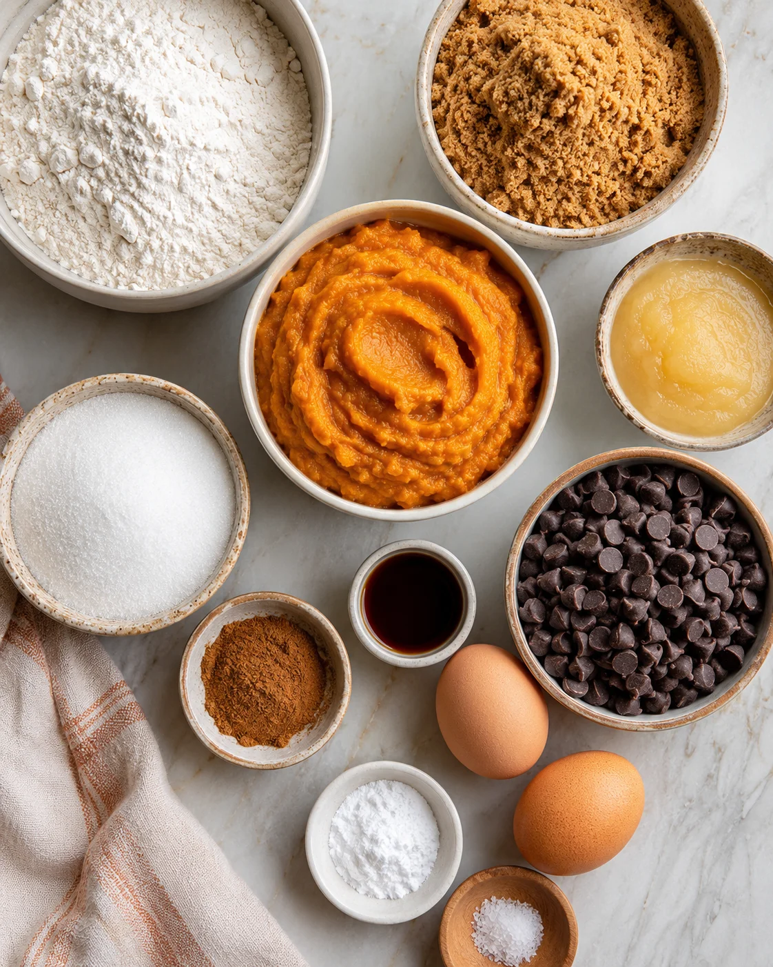 Close-up of ingredients for pumpkin chocolate chip bread on a white surface.