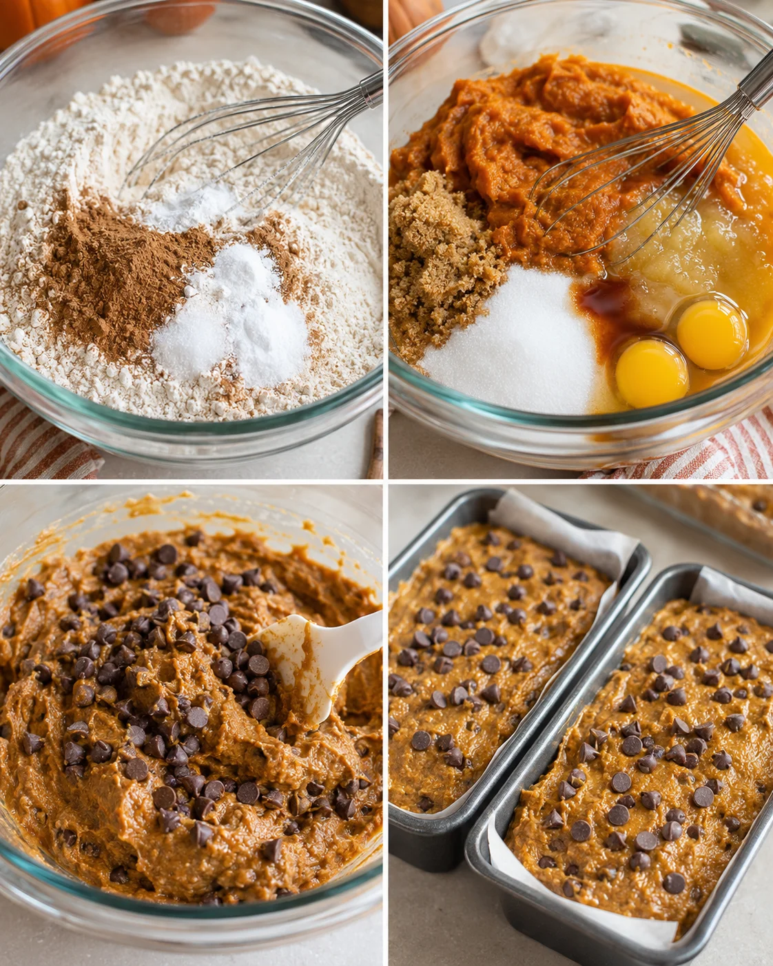 Step-by-step photos of mixing pumpkin bread with chocolate chips in a bowl.