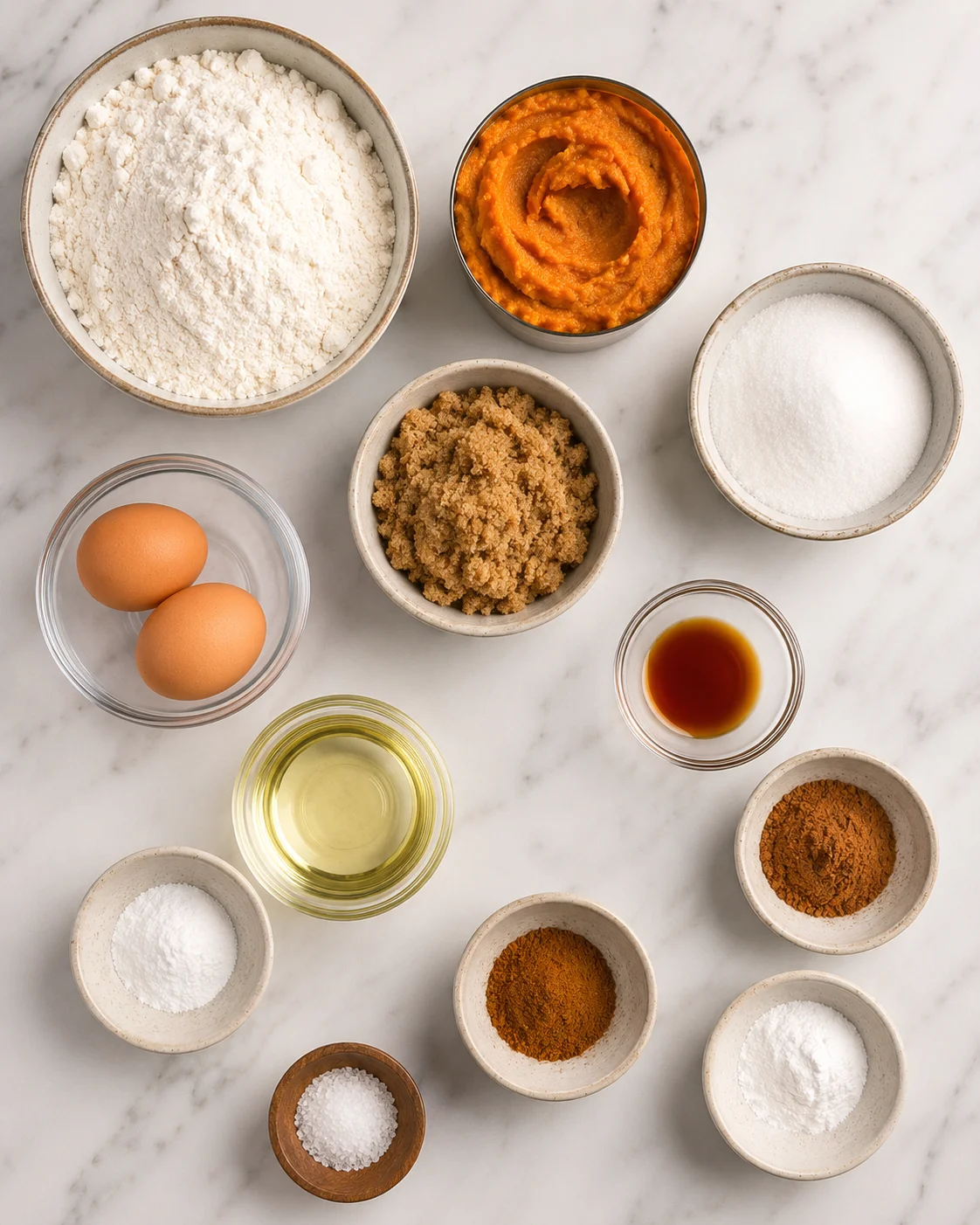 Assorted ingredients for making moist and spiced pumpkin bread on a white marble surface.