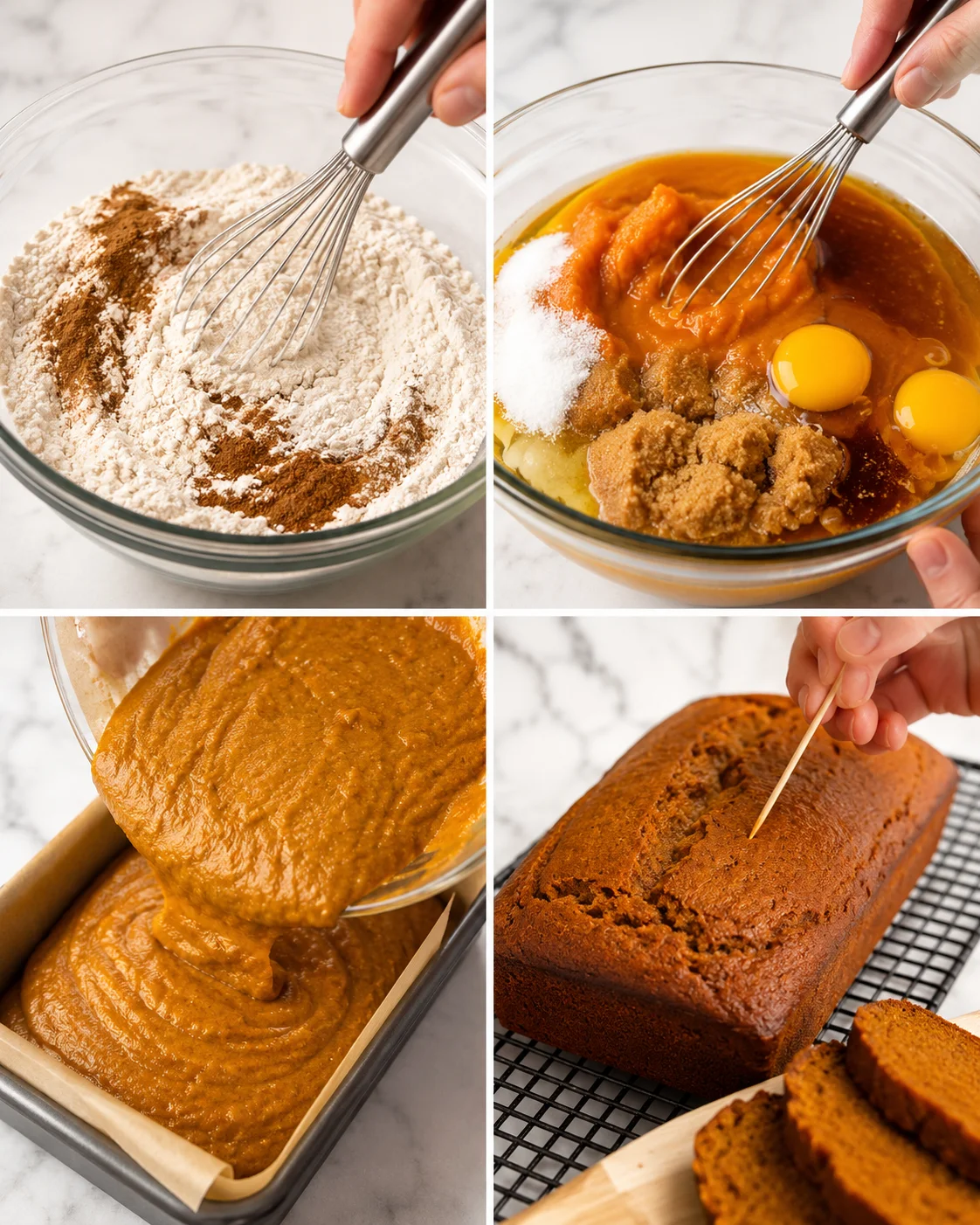 Step-by-step images showing mixing dry ingredients, blending pumpkin with eggs, batter pouring, and baked pumpkin bread on a wire rack.
