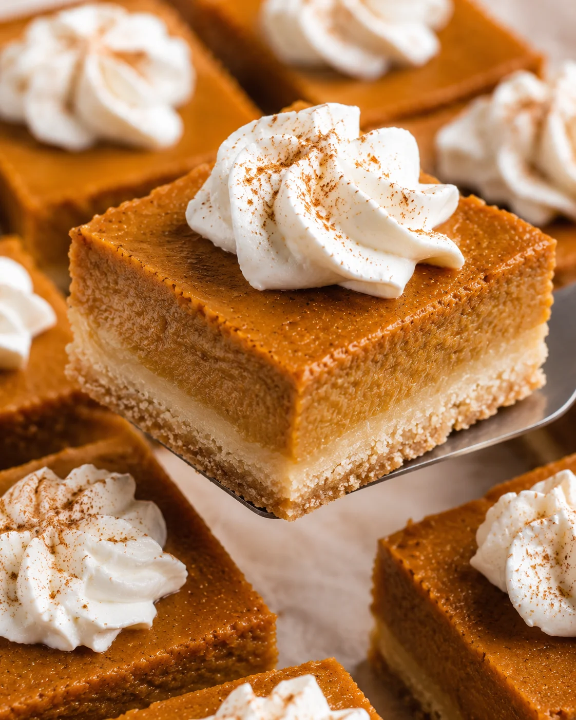 Close-up of pumpkin pie bars topped with whipped cream and cinnamon