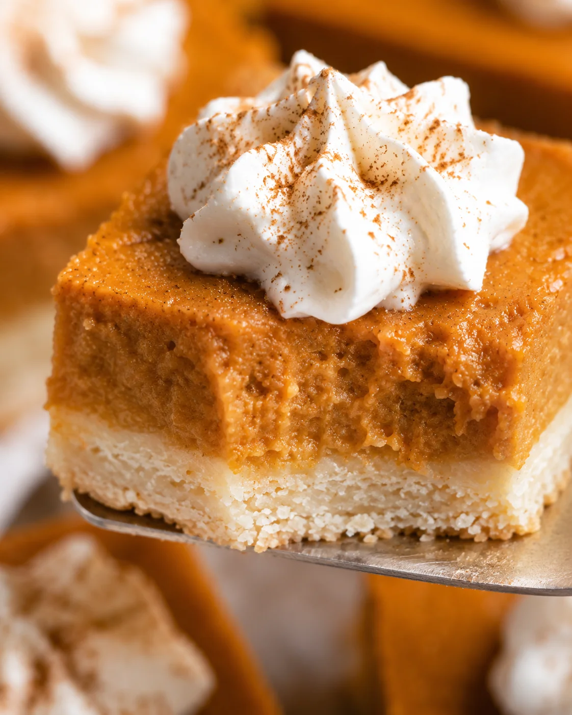 Close-up of a pumpkin pie bar topped with whipped cream and cinnamon