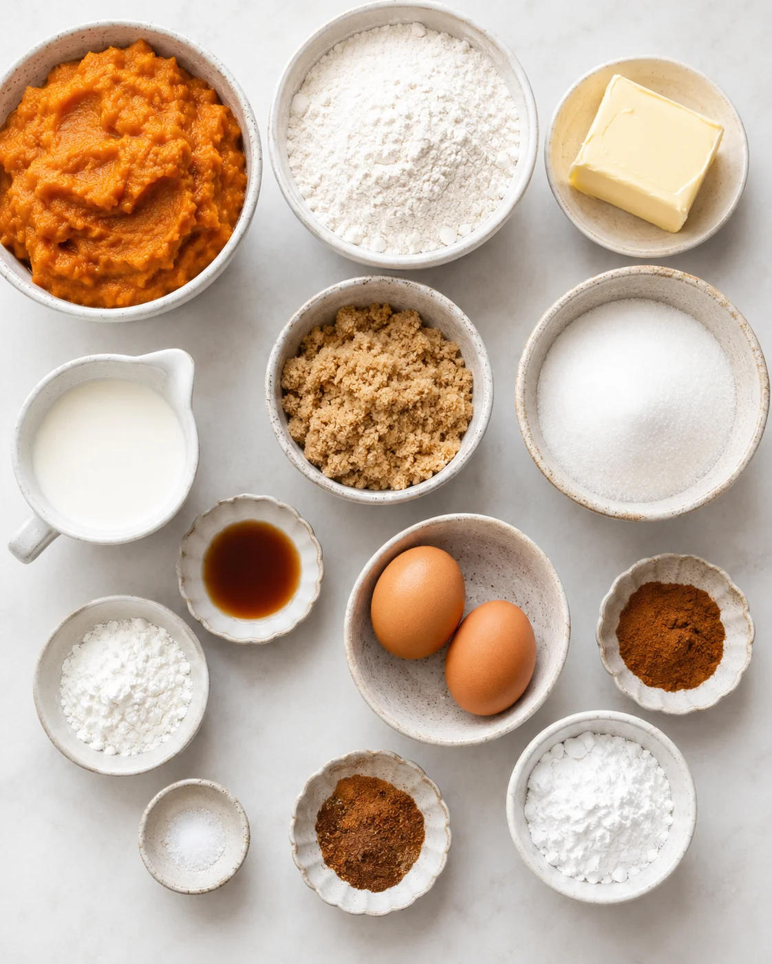 Assorted ingredients for pumpkin pie bars, including pumpkin puree, flour, and spices.