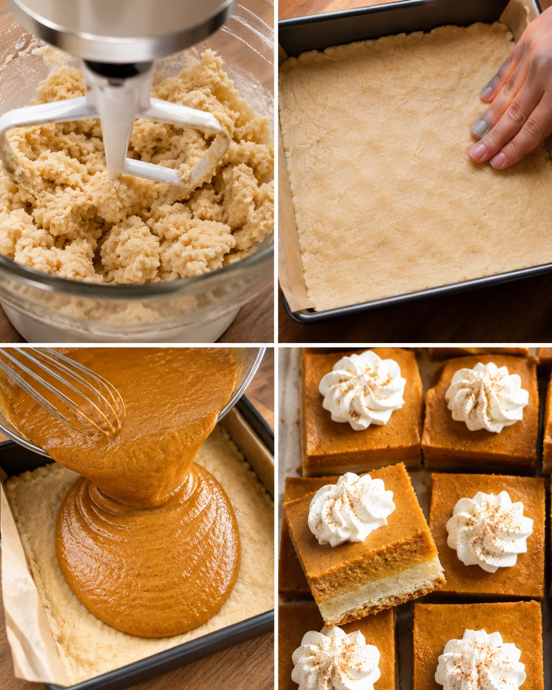 Step-by-step images of preparing pumpkin pie bars with crust, filling, and finished squares.