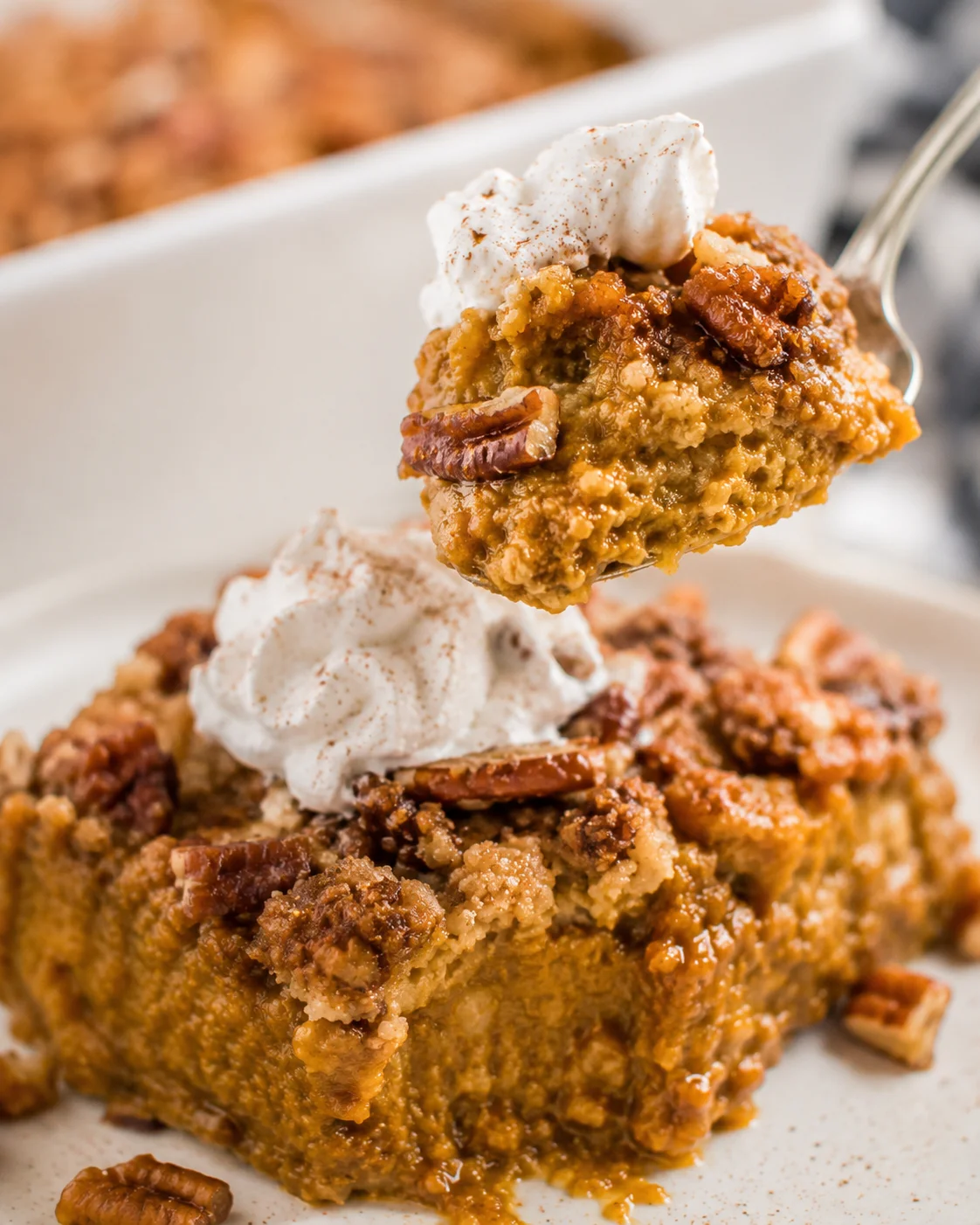 Close-up of a slice of pumpkin dump cake topped with whipped cream and pecans
