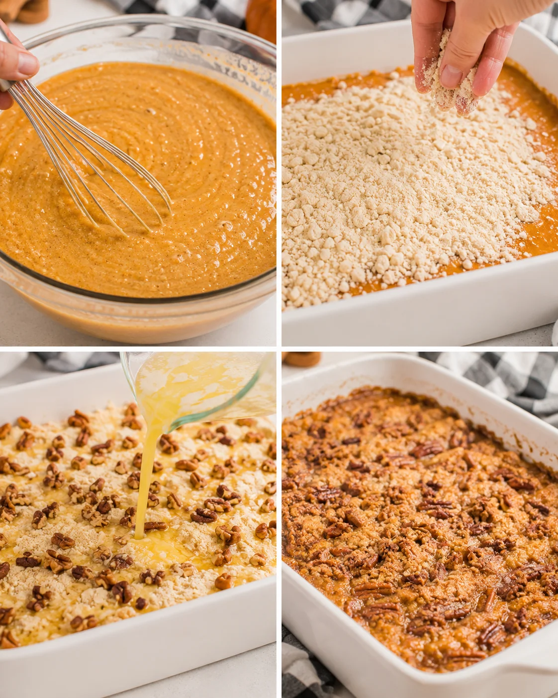 Layers of pumpkin filling topped with crunchy cake and nuts in a baking dish.