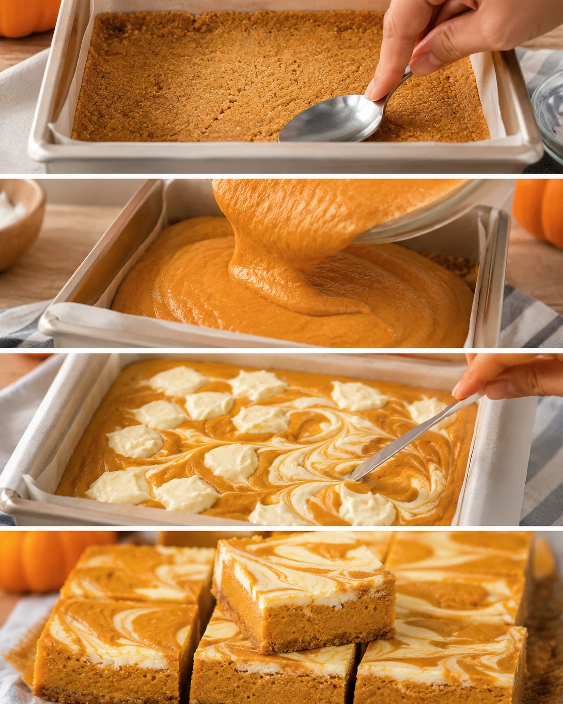 Preparation of pumpkin cheesecake bars with swirled topping and graham crust.
