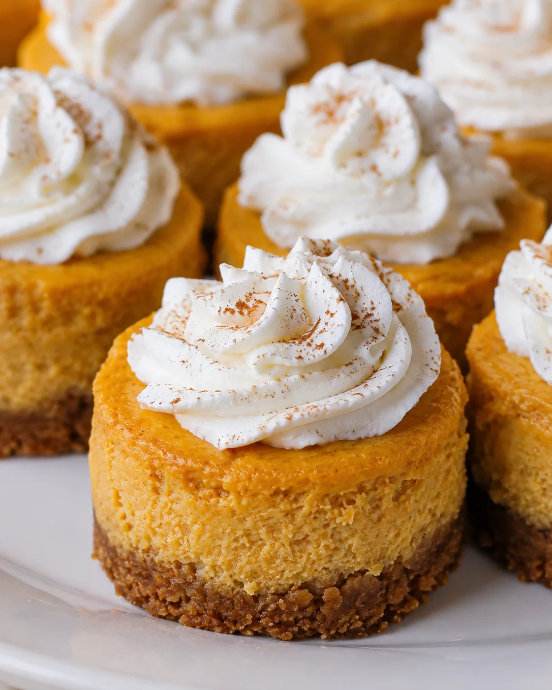 Close-up of mini pumpkin cheesecakes topped with whipped cream and cinnamon