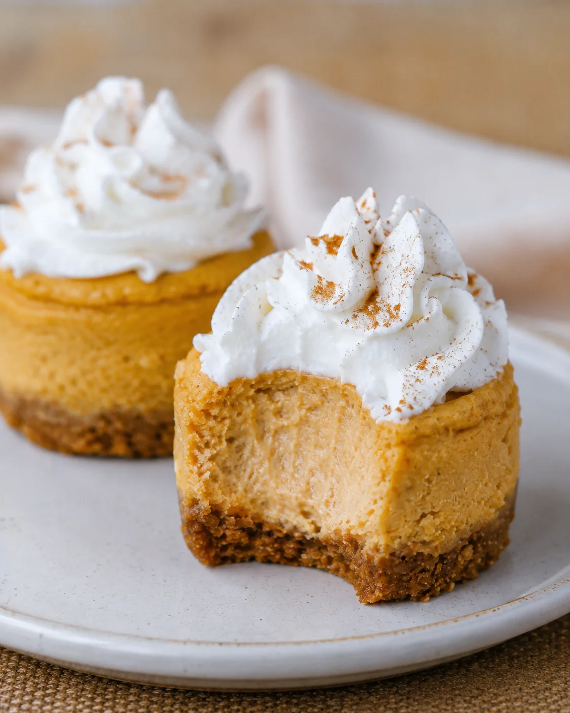 Close-up of two mini pumpkin cheesecakes topped with whipped cream and spices