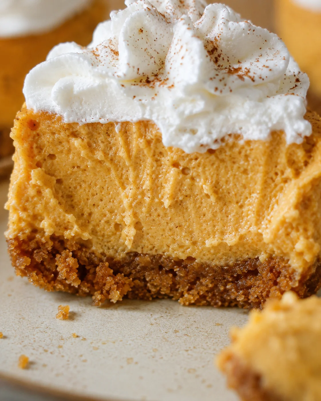 Close-up of a mini pumpkin cheesecake topped with whipped cream and spices.