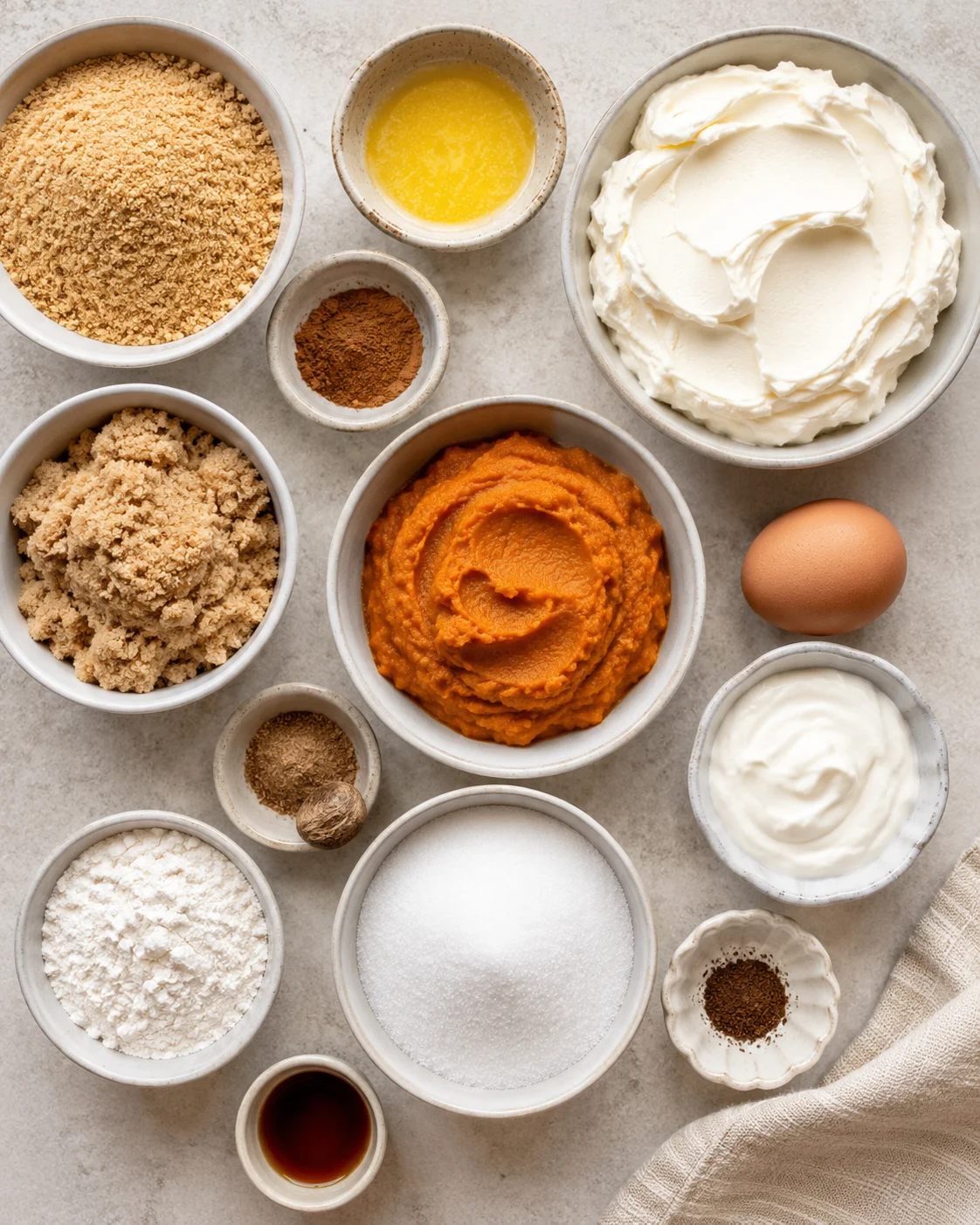 Variety of ingredients for mini pumpkin cheesecake on a baking surface