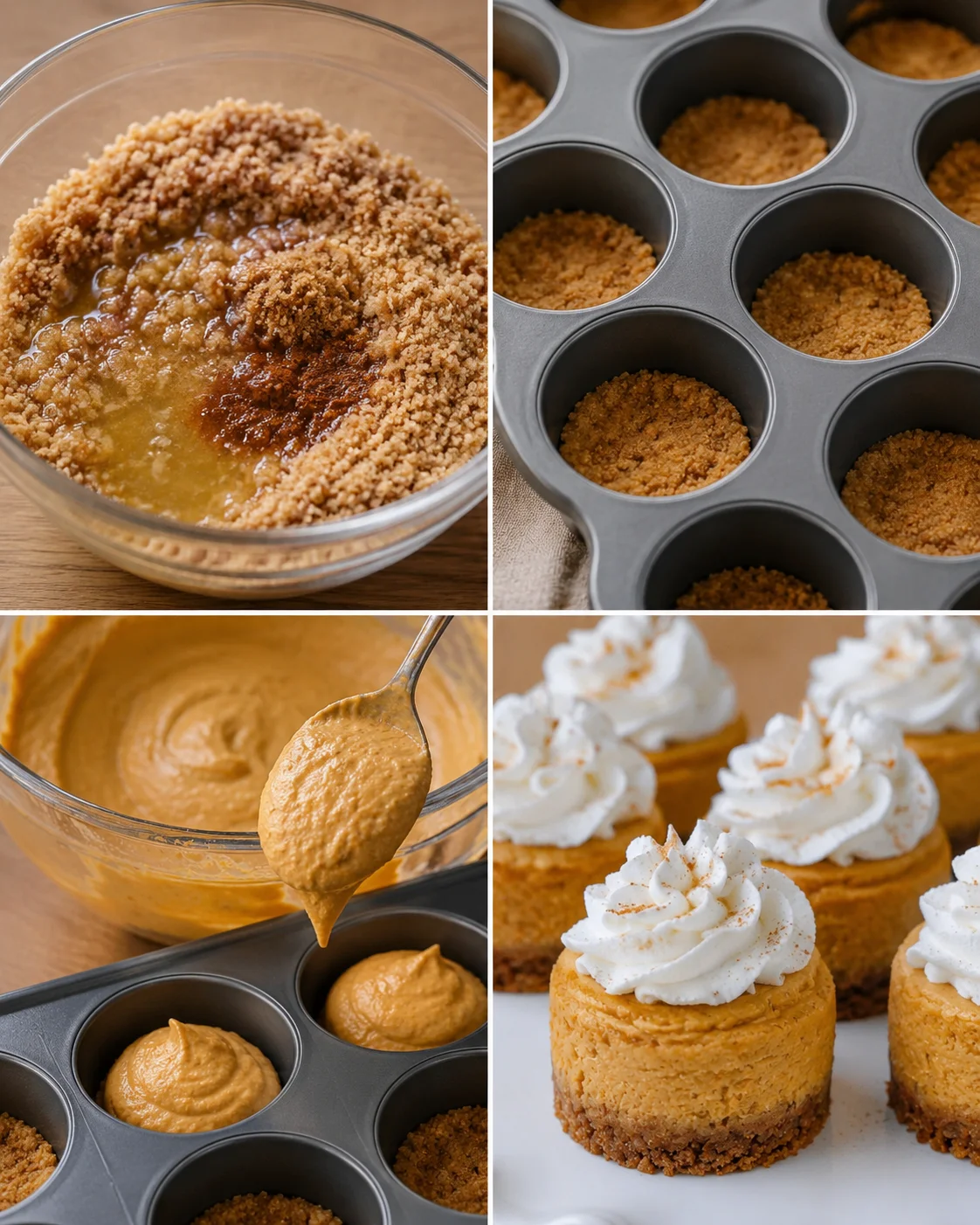 Delicious mini pumpkin cheesecakes with whipped cream and graham cracker crusts