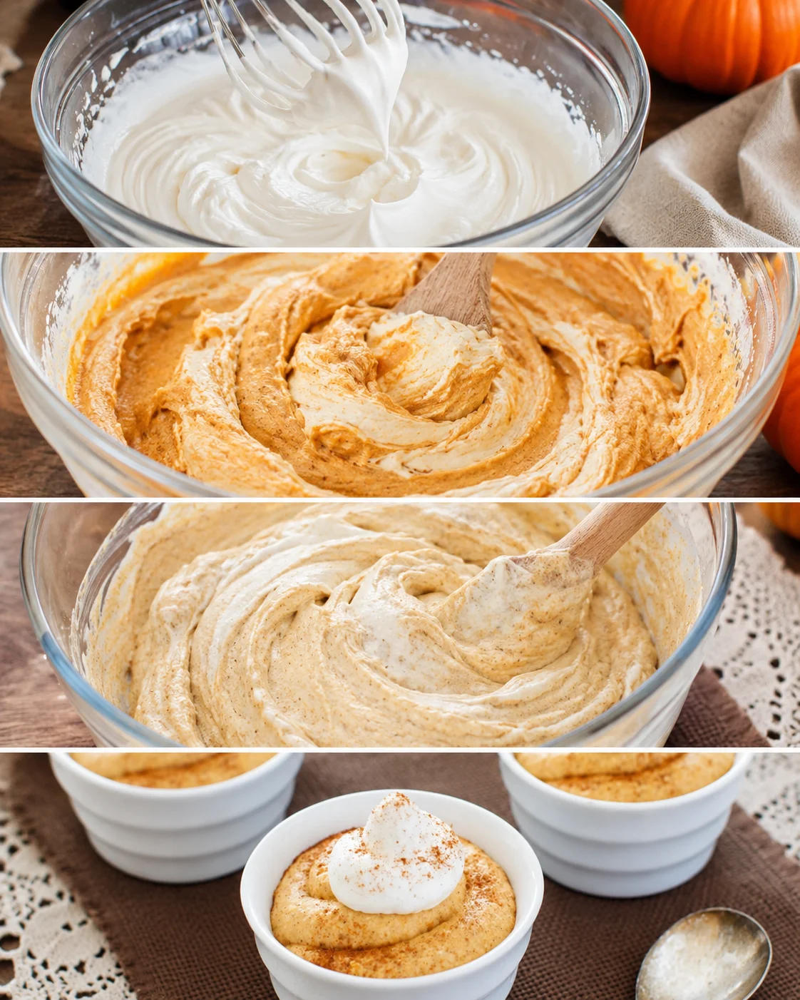 Creamy pumpkin mousse topped with whipped cream in small bowls.