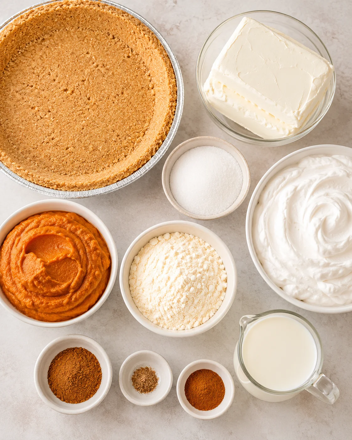 Ingredients for no bake pumpkin pie including graham cracker crust, cream cheese, and pumpkin puree.