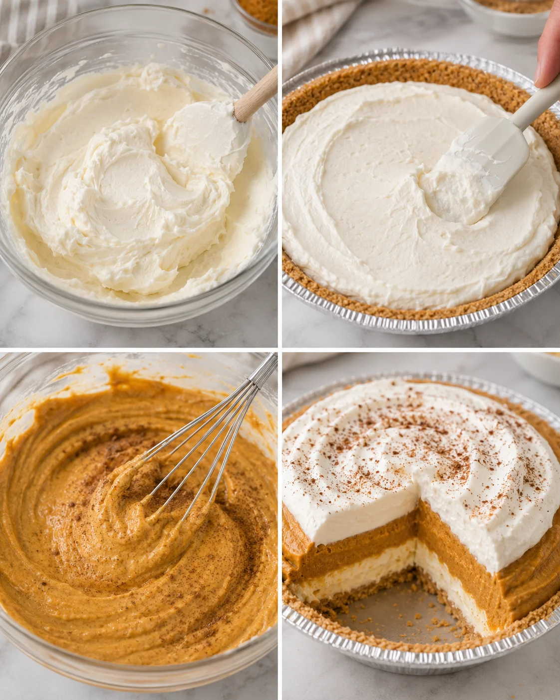 Steps showing cream cheese mixture, pumpkin filling, and finished pie topped with Cool Whip.