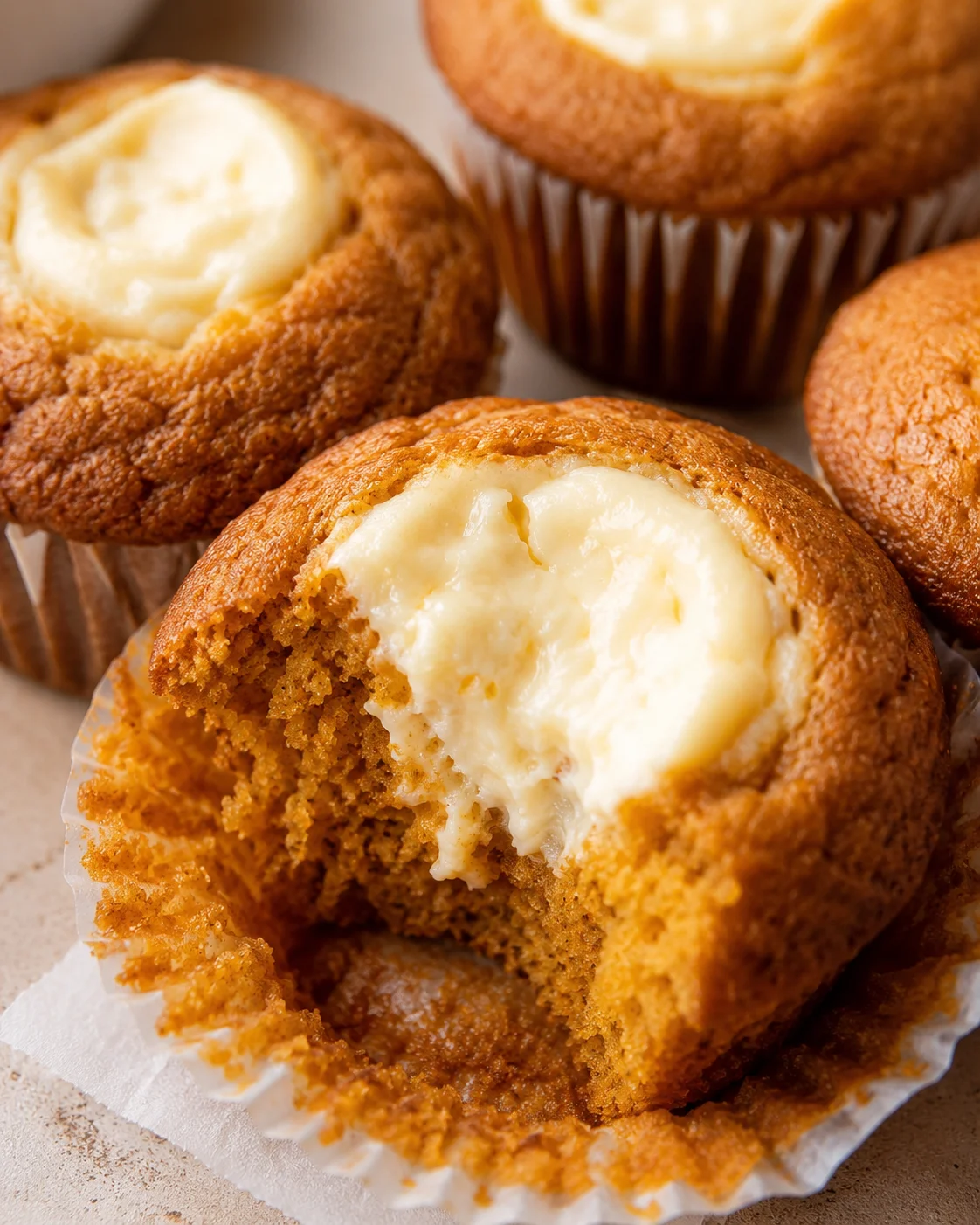 Close-up of freshly baked Starbucks pumpkin muffins with creamy centers.
