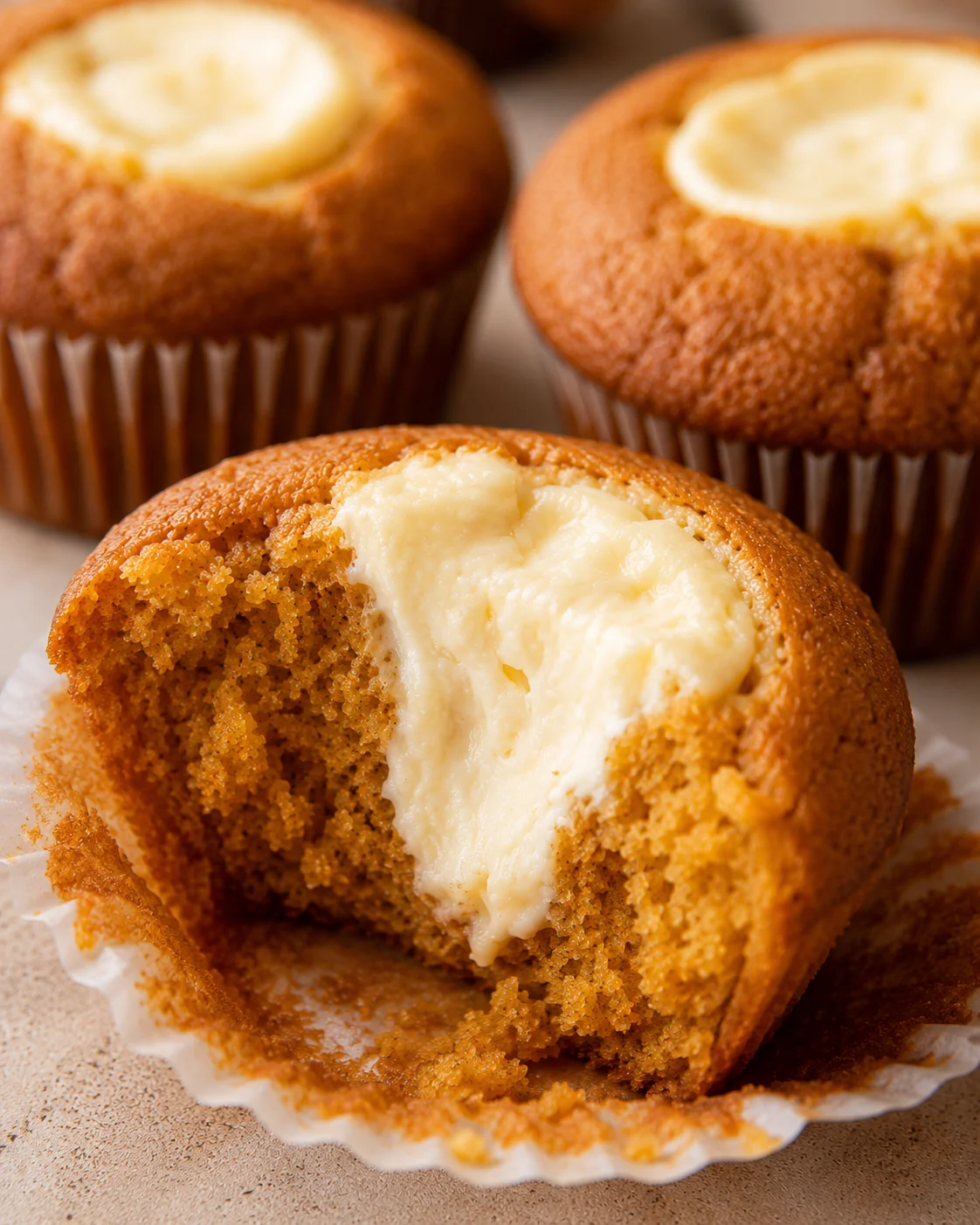 Delicious pumpkin muffins filled with creamy cheese and topped with cinnamon-spiced crumble.