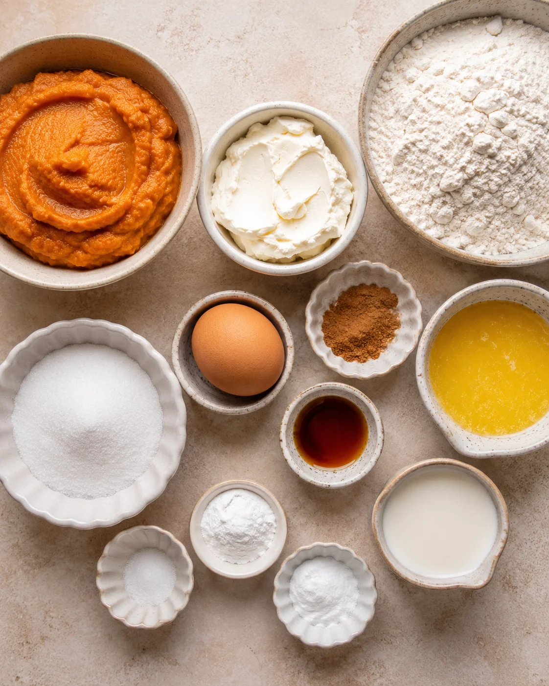 Ingredients for pumpkin cream cheese muffins arranged on a neutral surface.