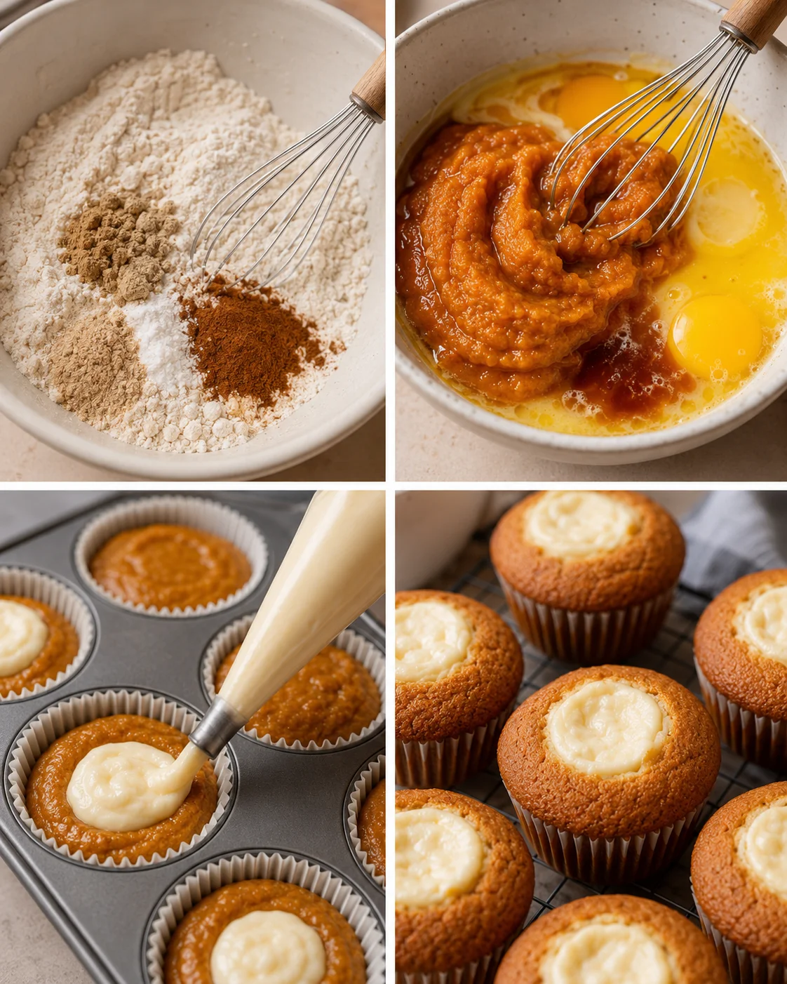 Baking process of Starbucks pumpkin cream cheese muffins with ingredients and filling.