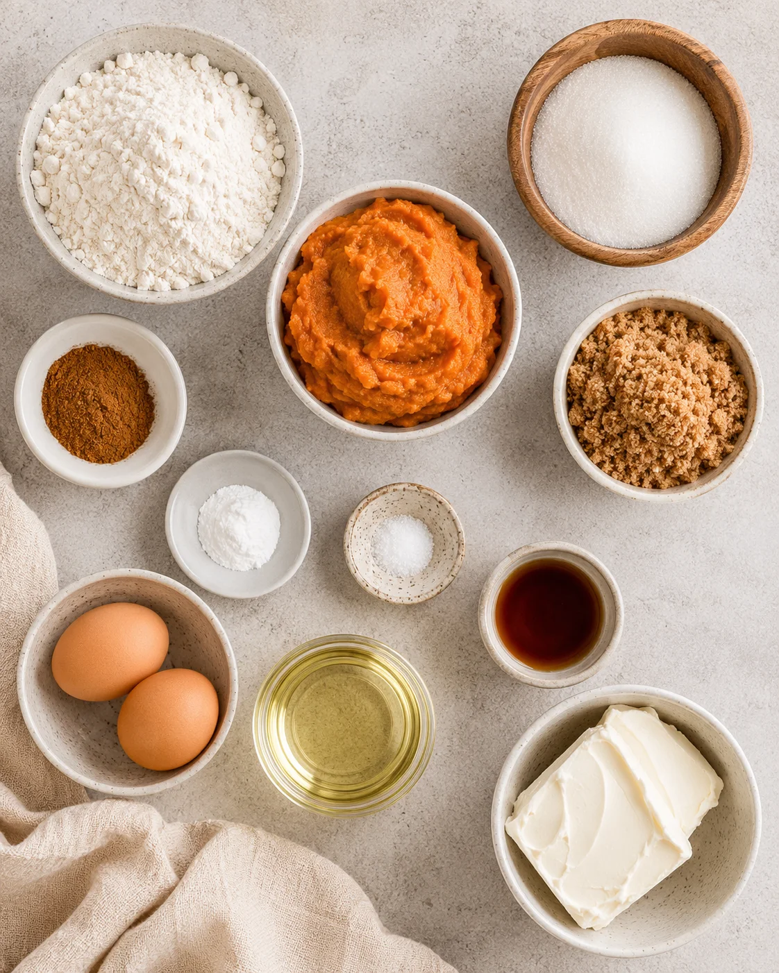 A flat lay of ingredients including pumpkin puree, cream cheese, eggs, and spices