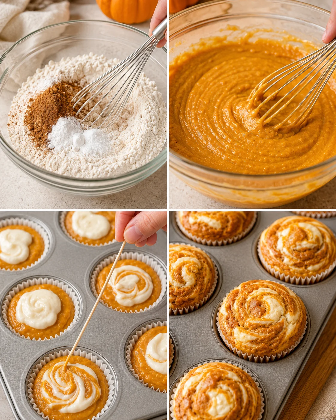 Delicious pumpkin muffins with a swirl of sweet cream cheese on top.