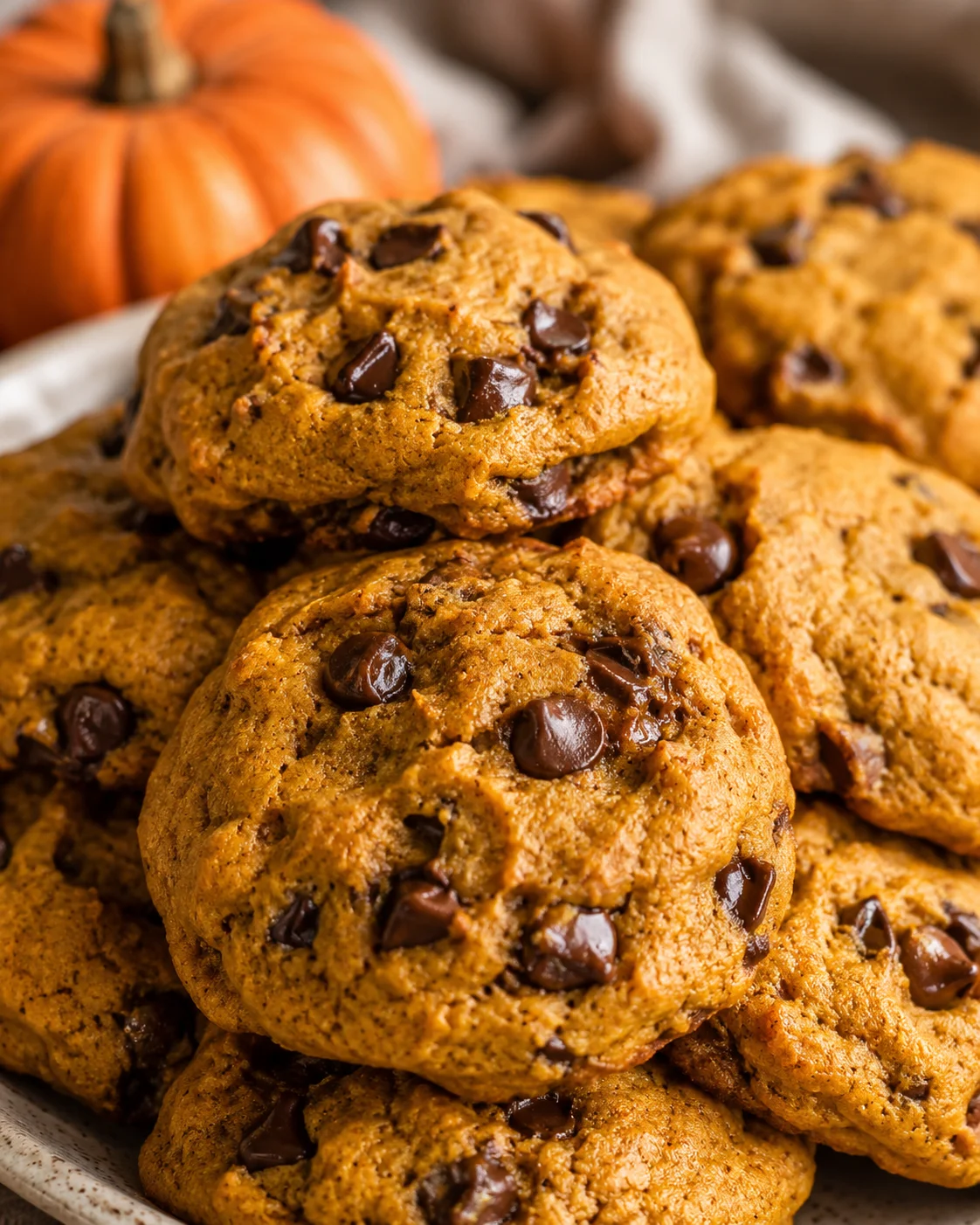 Freshly baked chewy pumpkin chocolate chip cookies with pumpkin in background.