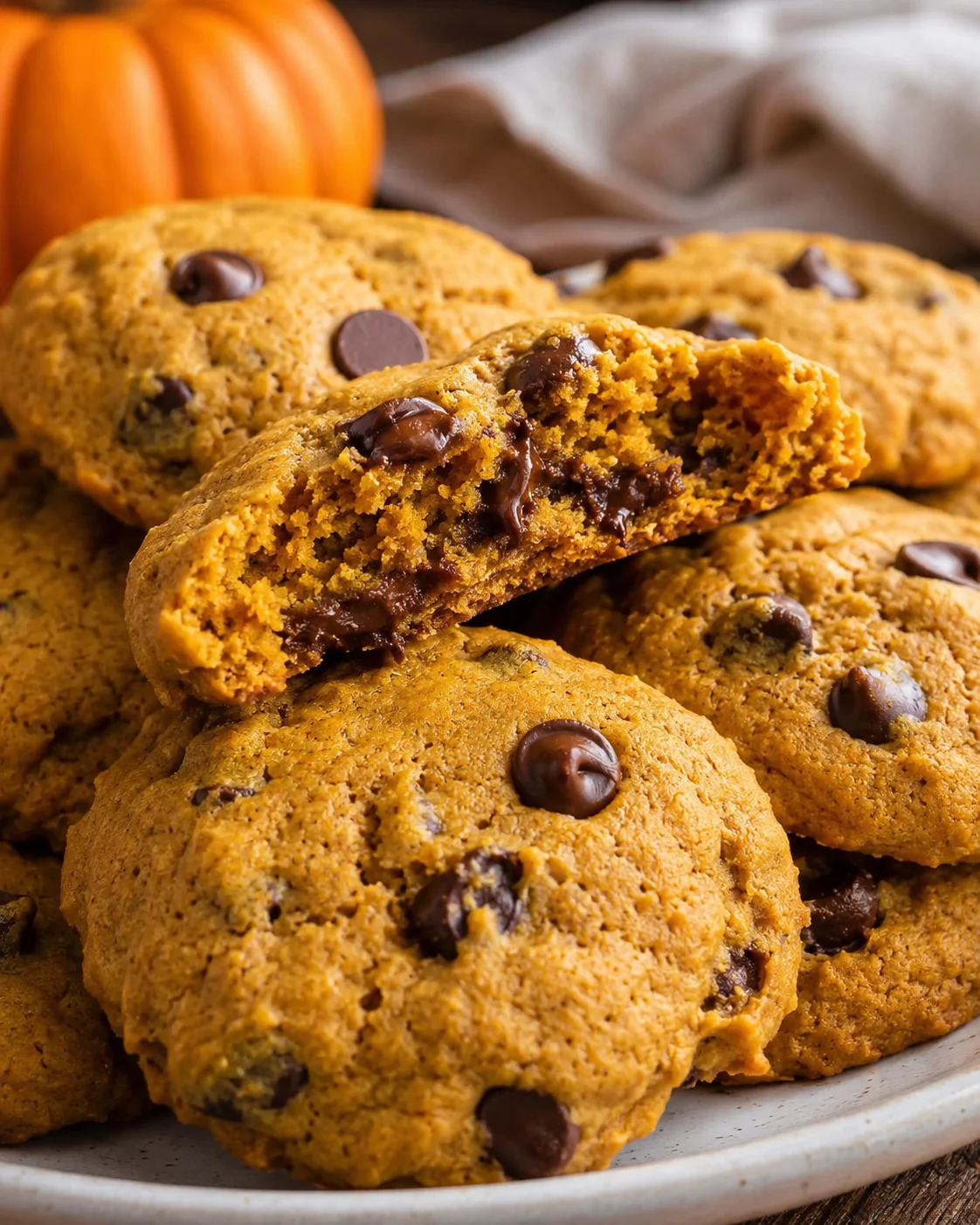 Close-up of soft, chewy pumpkin chocolate chip cookies stacked on a plate
