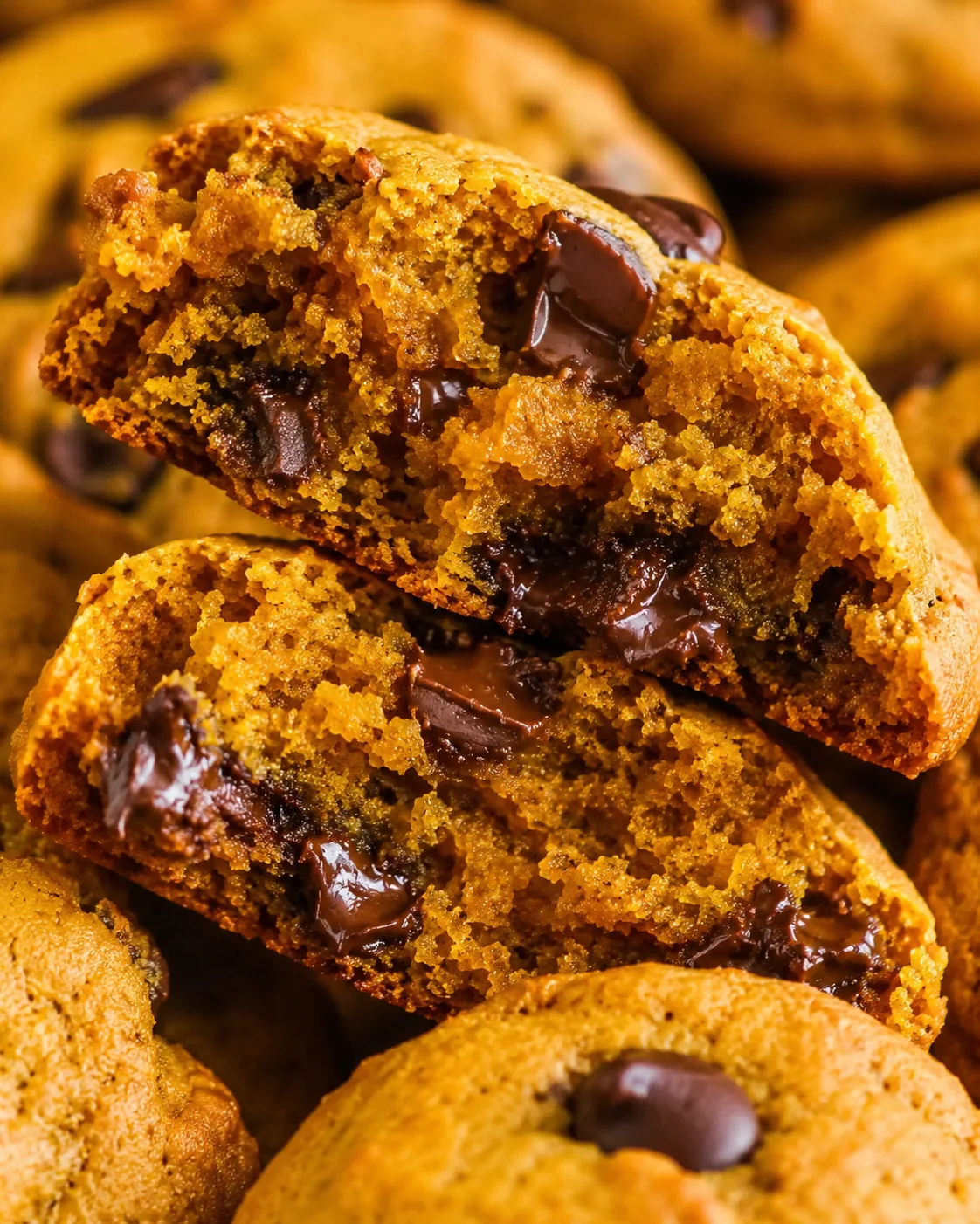 Close-up of soft, chewy pumpkin cookies with melty chocolate chips inside.