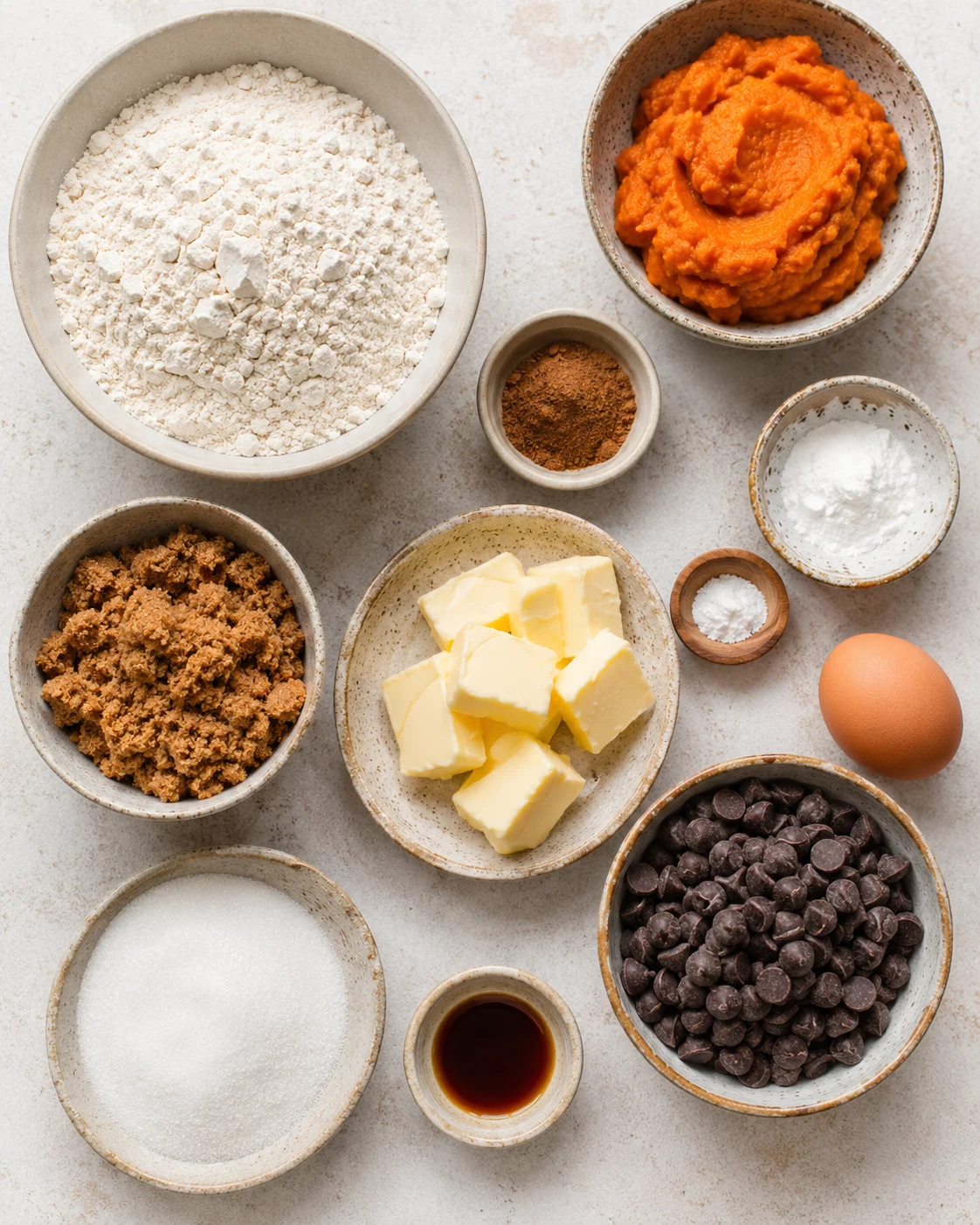 Assorted ingredients for pumpkin chocolate chip cookies arranged on a light surface
